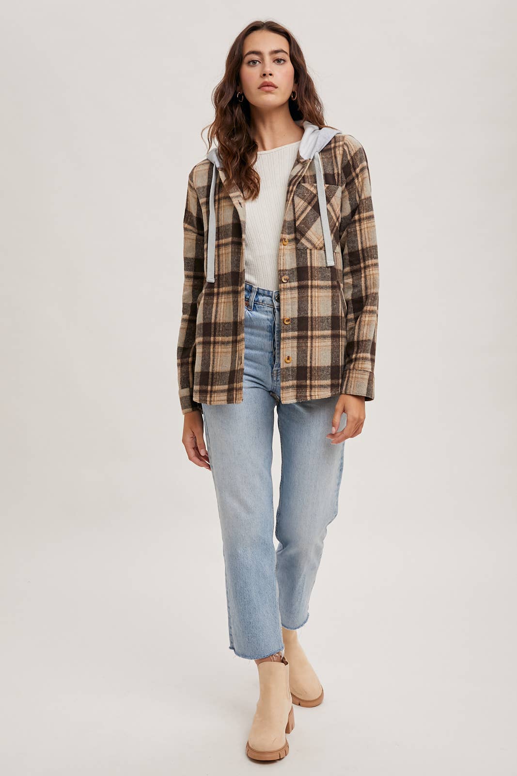 HOODED FLANNEL BUTTON FRONT SHIRT JACKET