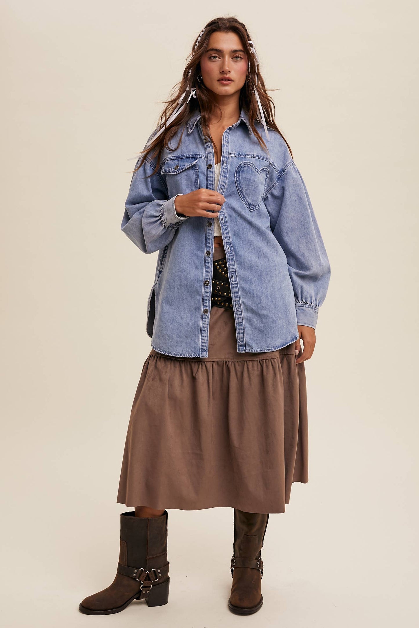 HEART DETAIL OVERSIZED DENIM SHIRT