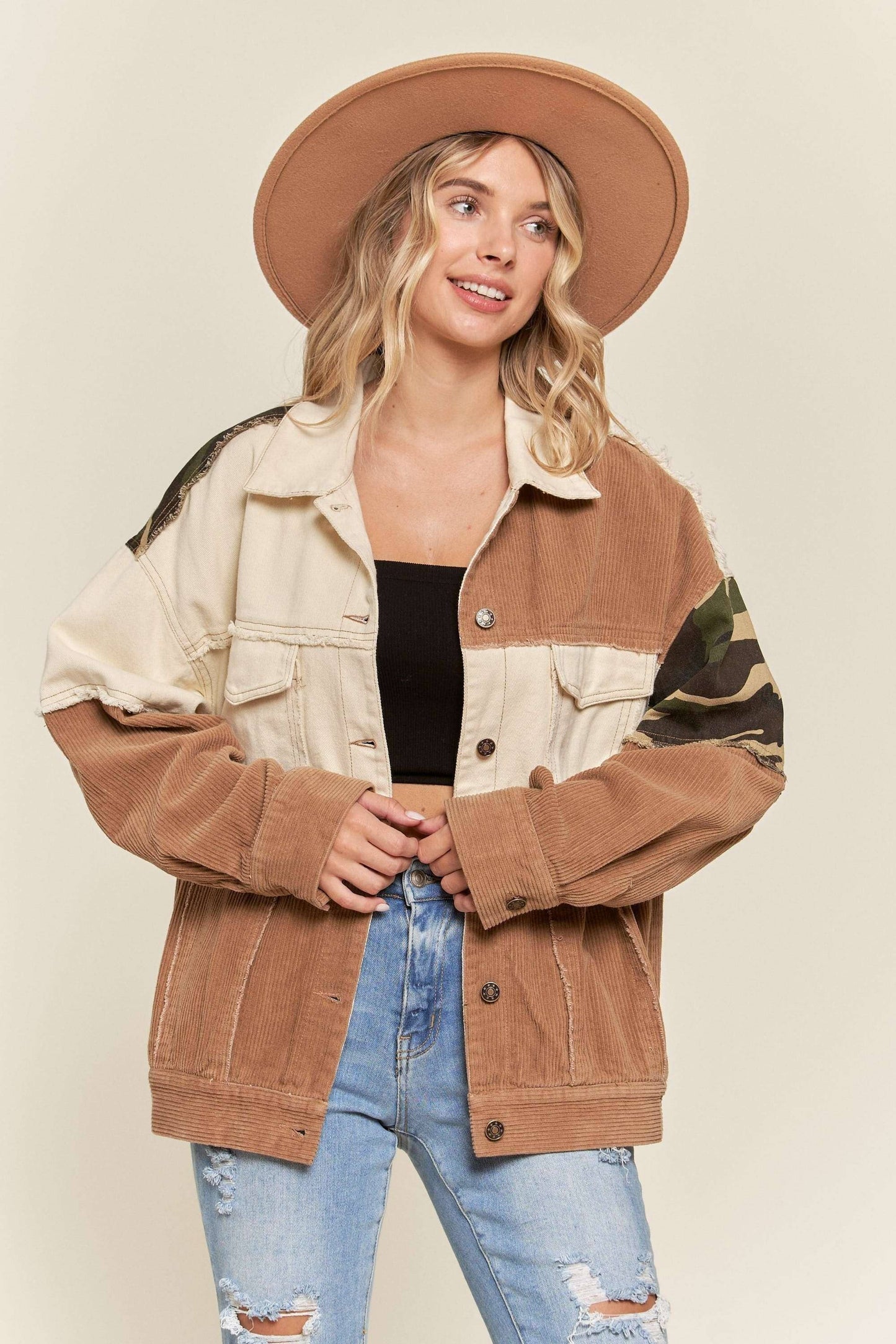 NOT YOUR HUSBAND'S BUTTON DOWN JACKET WITH CAMO ACCENT