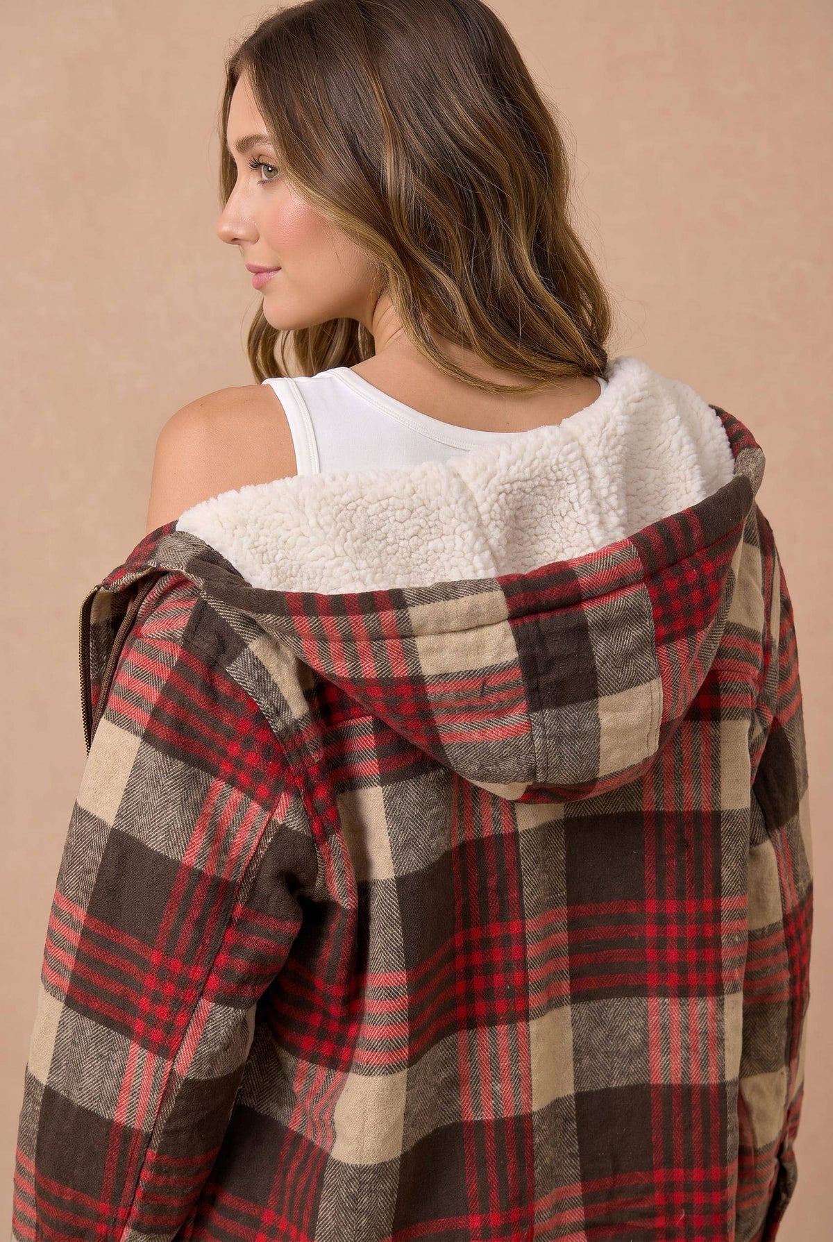 Haptics - Plaid Button Up Jacket With Fur Lined Hood: WINE / S