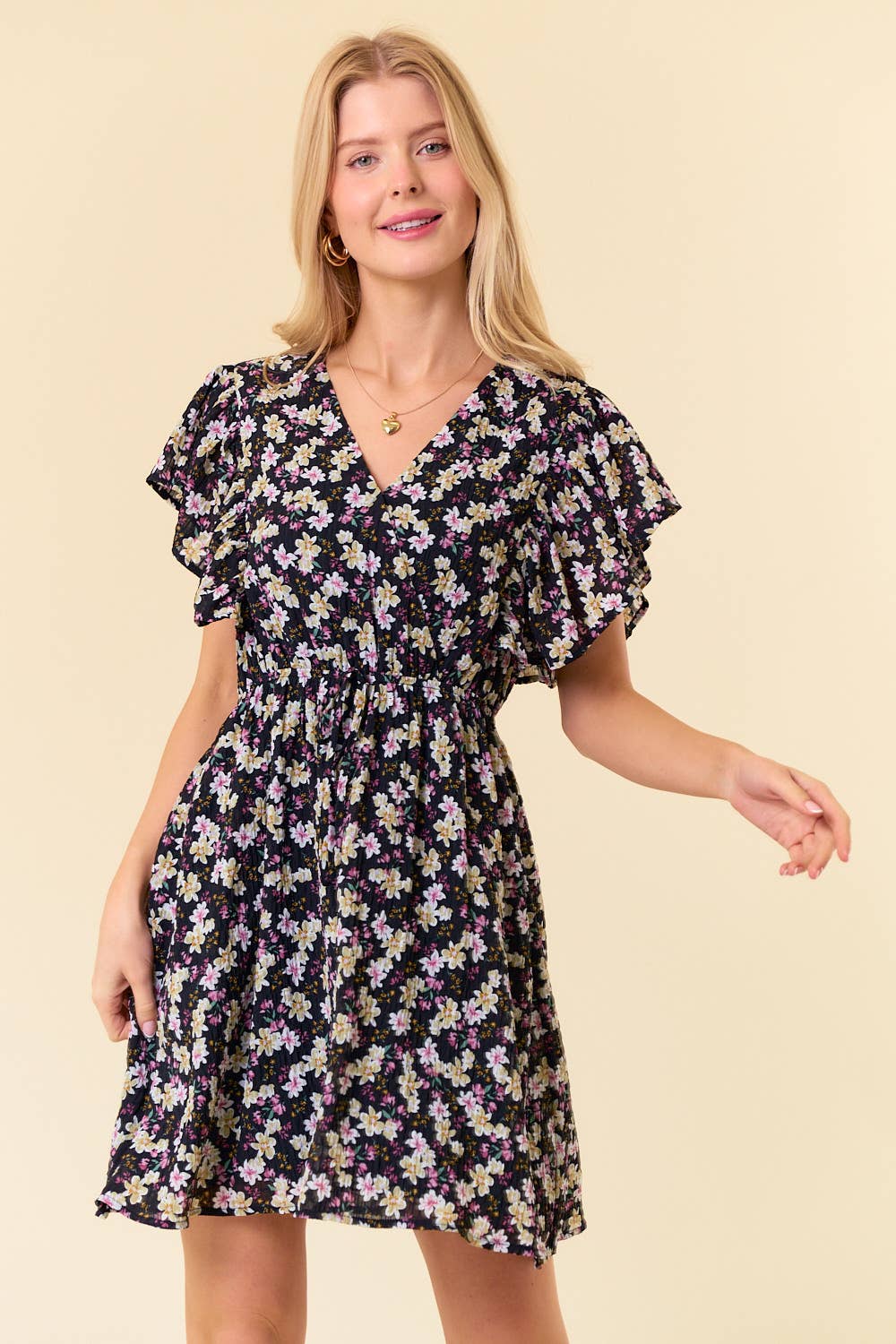 TEXTURED FLORAL V-NECK SLEEVELESS TIE BACK DRESS