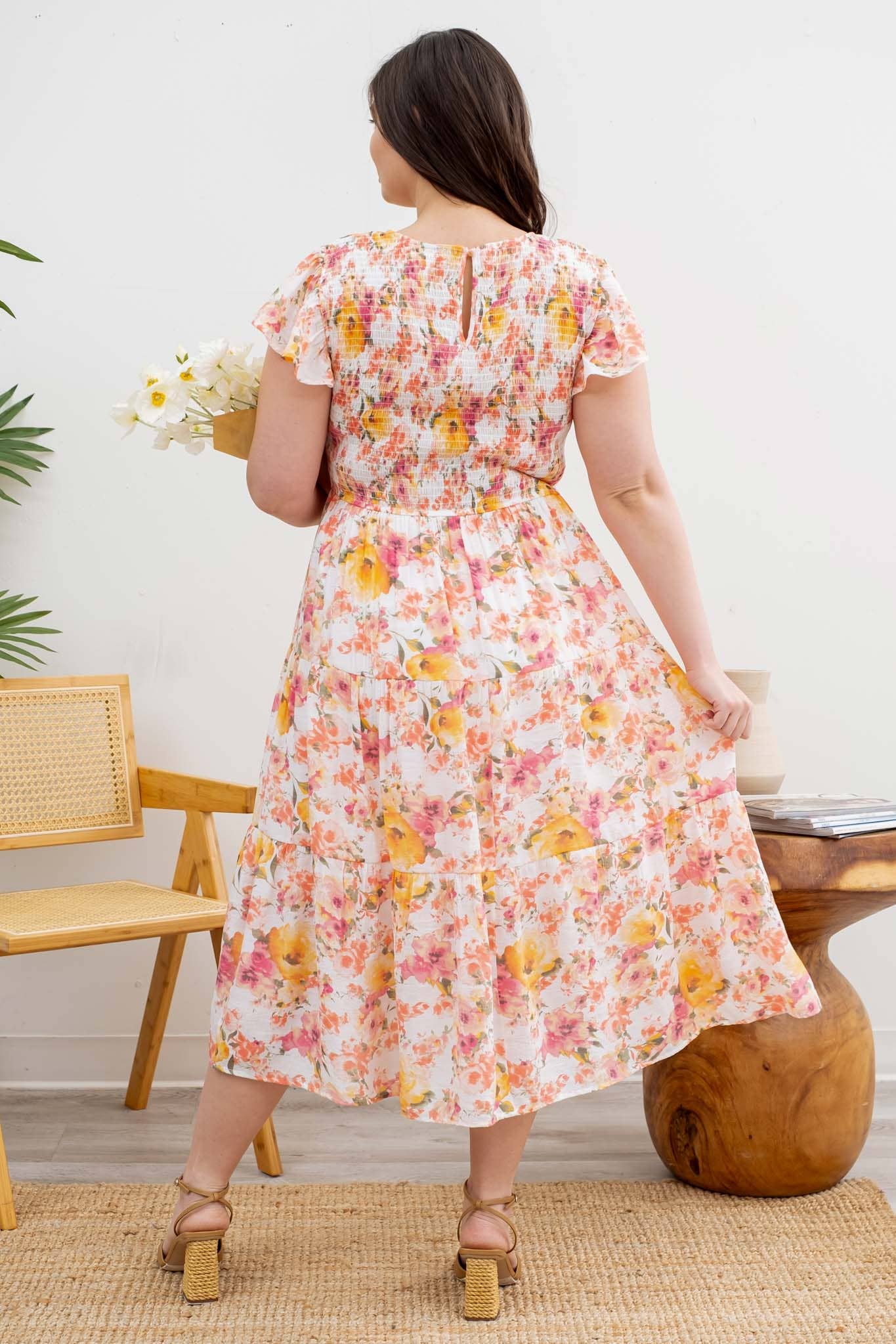 PLUS ROUND NECK FLORAL DRESS: IVORY MULTI