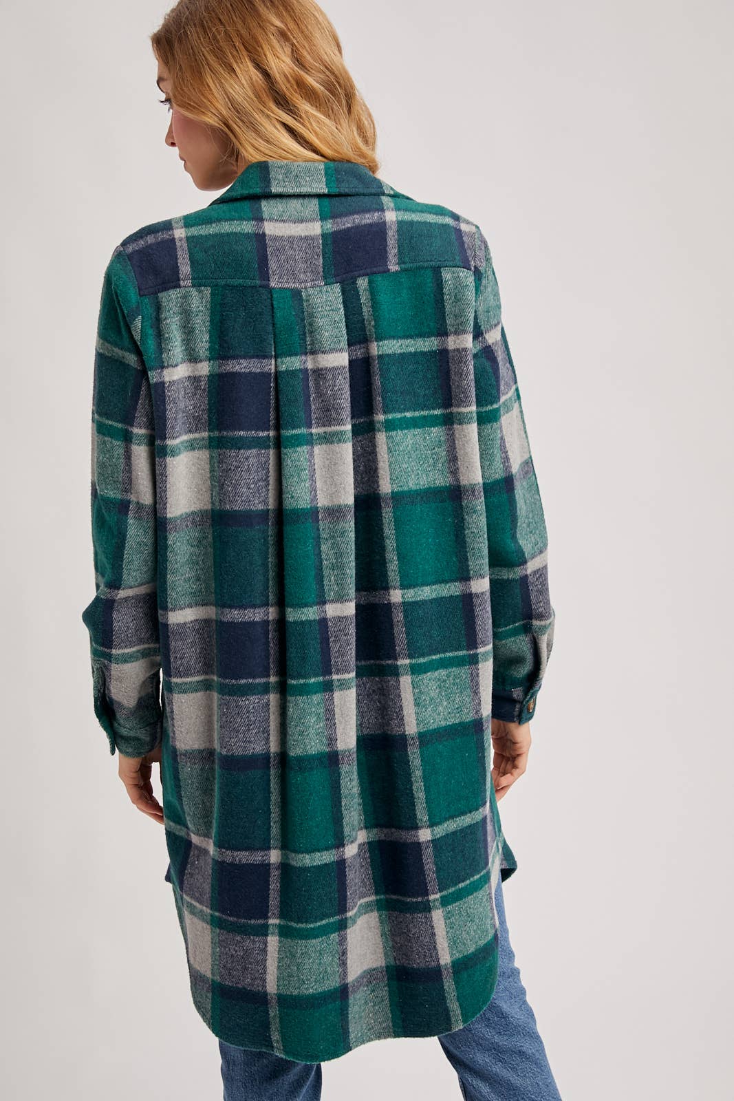Bluivy - FLANNEL PLAID LONGLINE SHACKET: GREEN PLAID / S