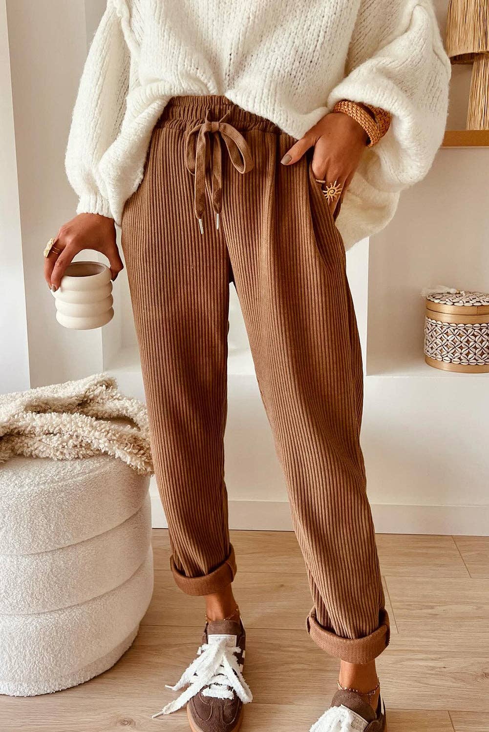 CHESTNUT DRAWSTRING ELASTIC WAIST CASUAL CORDUROY PANTS