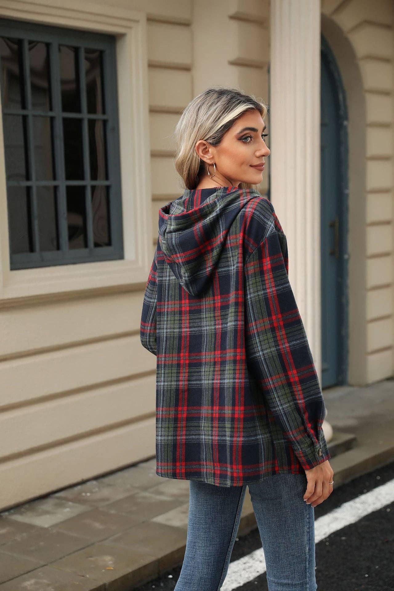 TARTAN LONG SLEEVE HOODED BUTTON TOP