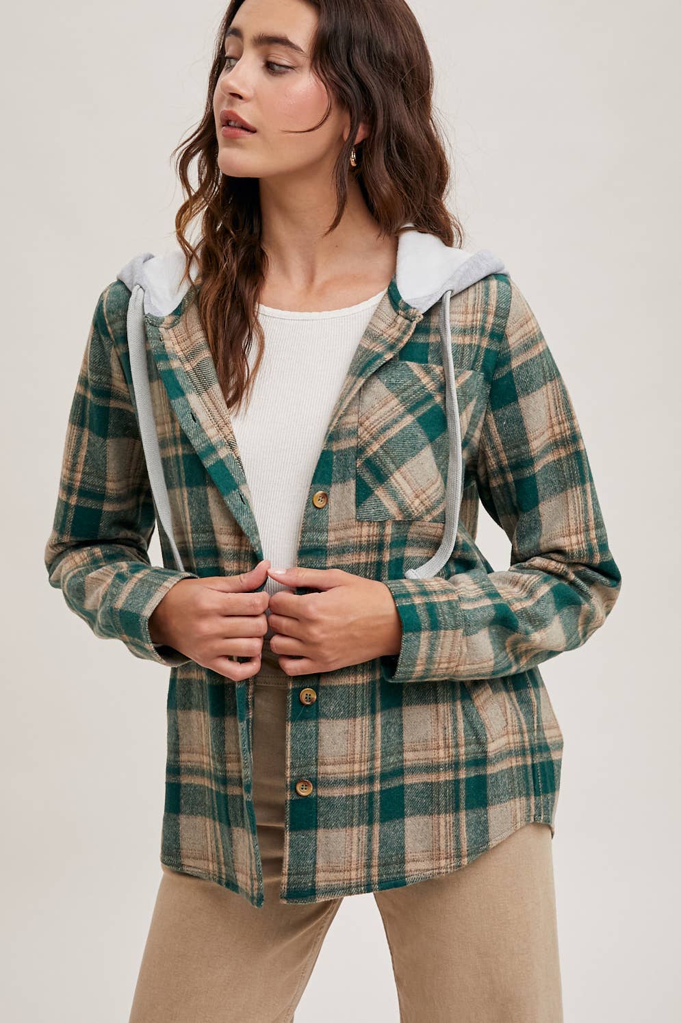 HOODED FLANNEL BUTTON FRONT SHIRT JACKET