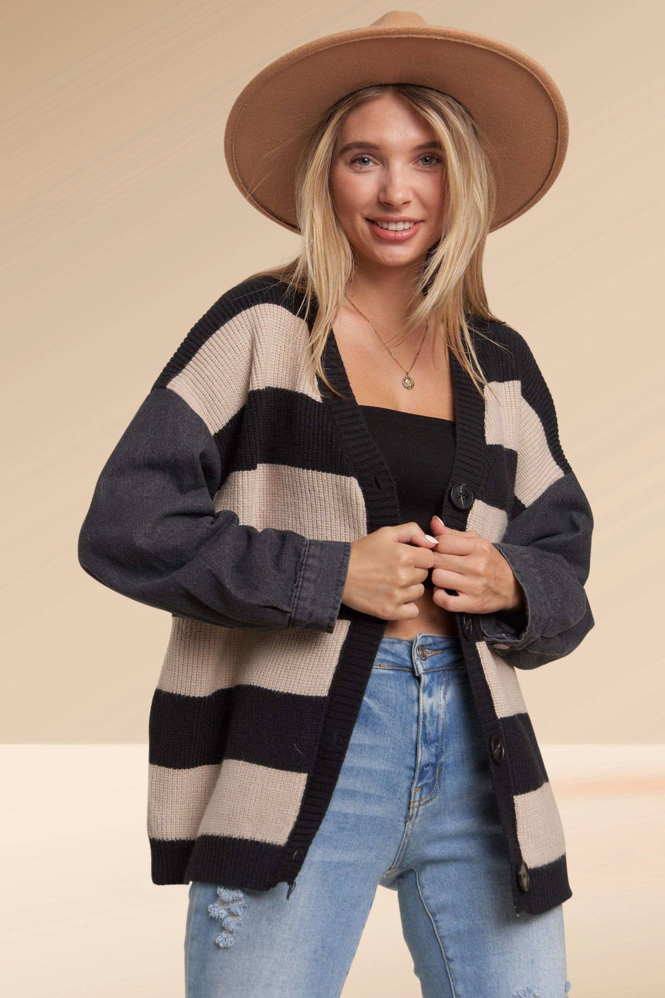 DENIM SLEEVE BLACK STRIPE SWEATER CARDIGAN