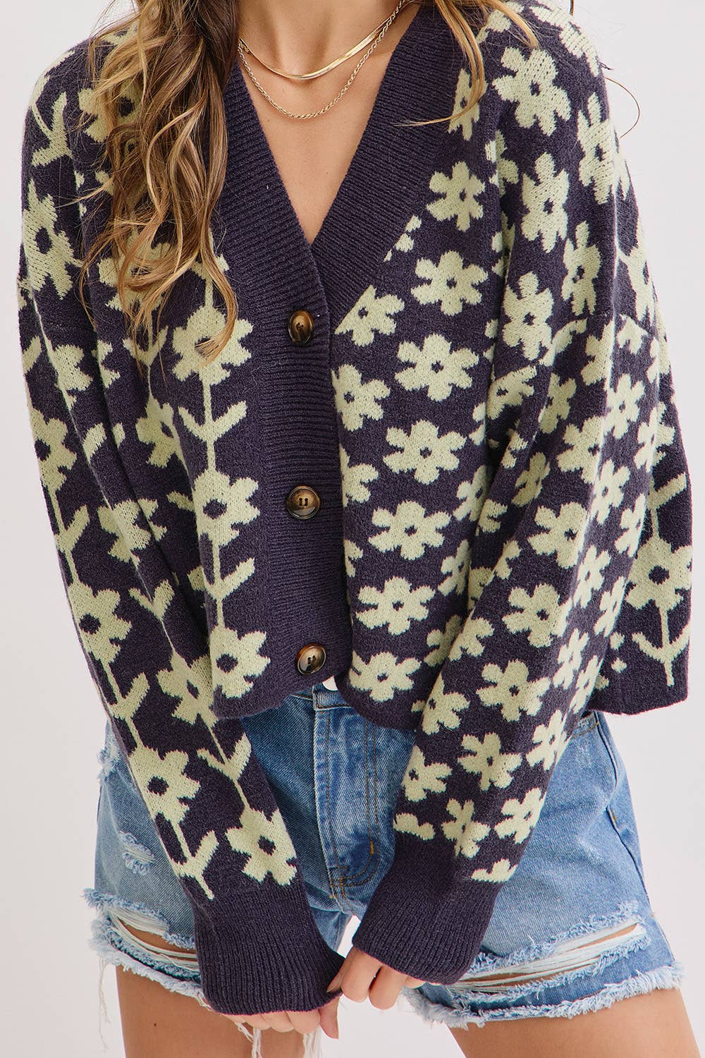 COZY PLAYFUL CASUAL FLORAL PRINT SWEATER KNIT CARDIGAN