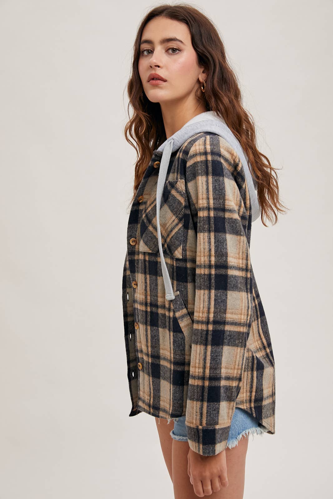 HOODED FLANNEL BUTTON FRONT SHIRT JACKET