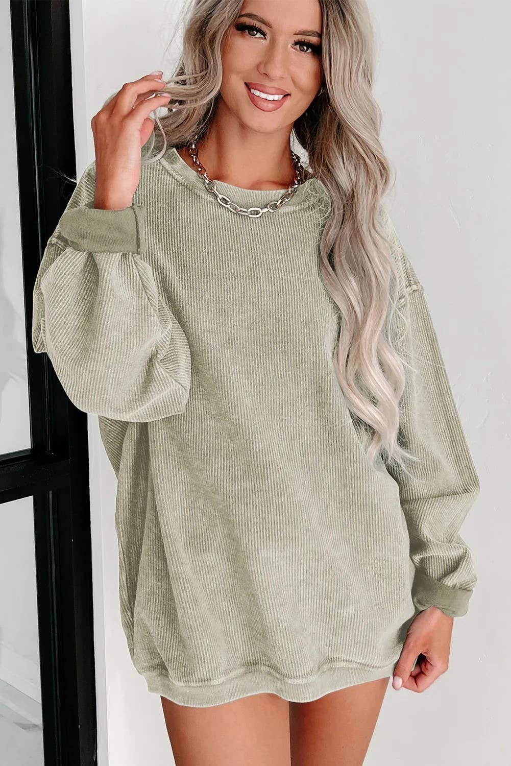 GREEN RIBBED KNIT ROUND NECK PULLOVER