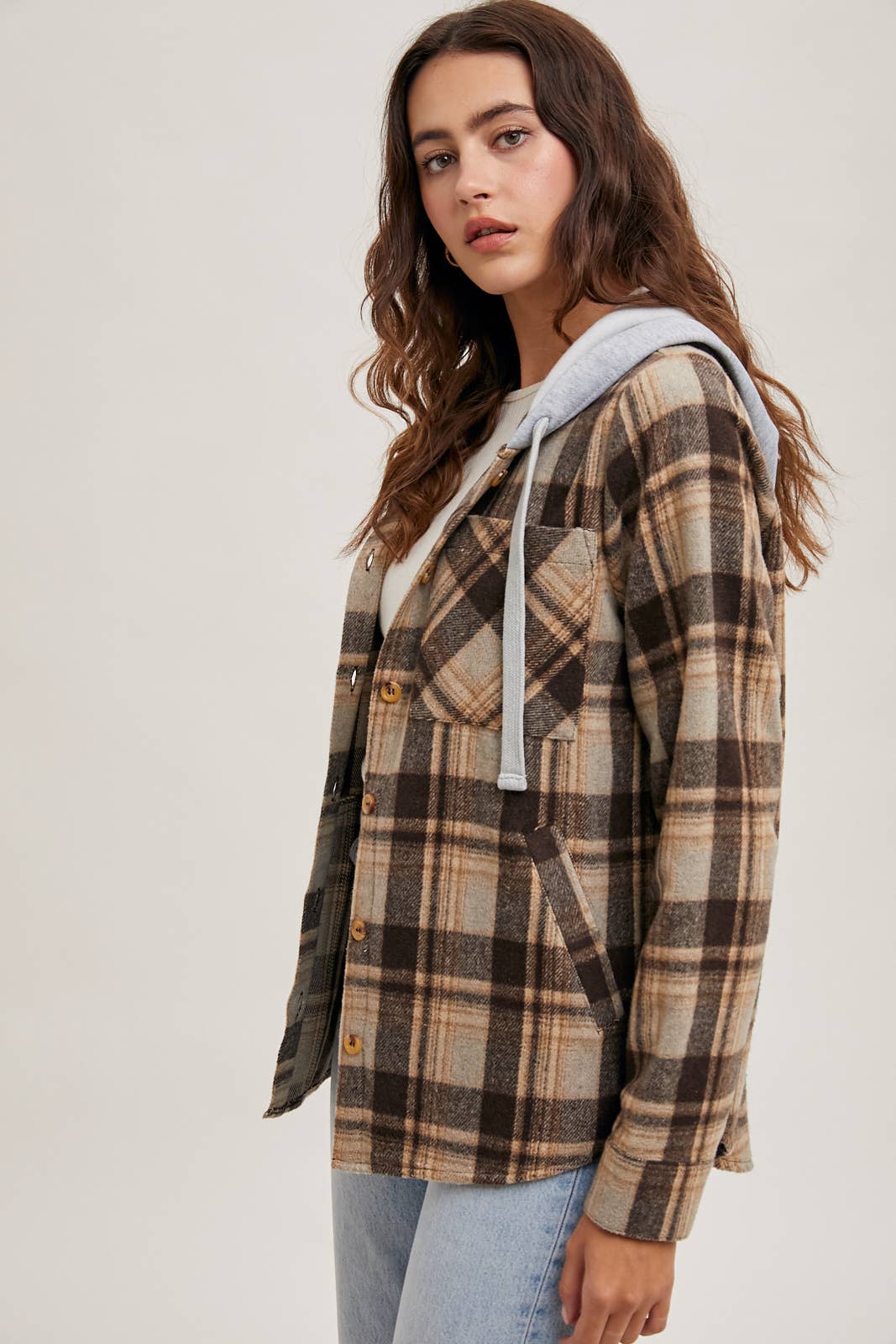 HOODED FLANNEL BUTTON FRONT SHIRT JACKET