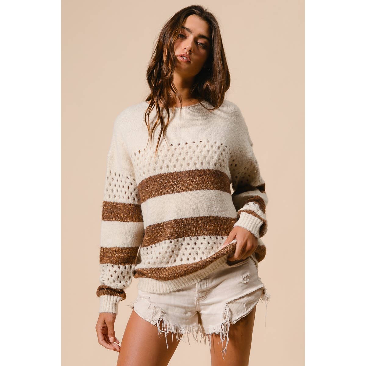 BiBi - STRIPE PATTERNED SWEATER TOP: IVORY/BROWN / M