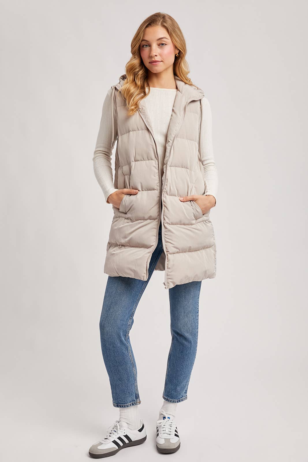 BLACK OR BEIGE HOODED ZIPPER DOWN LONGLINE PUFFER VEST