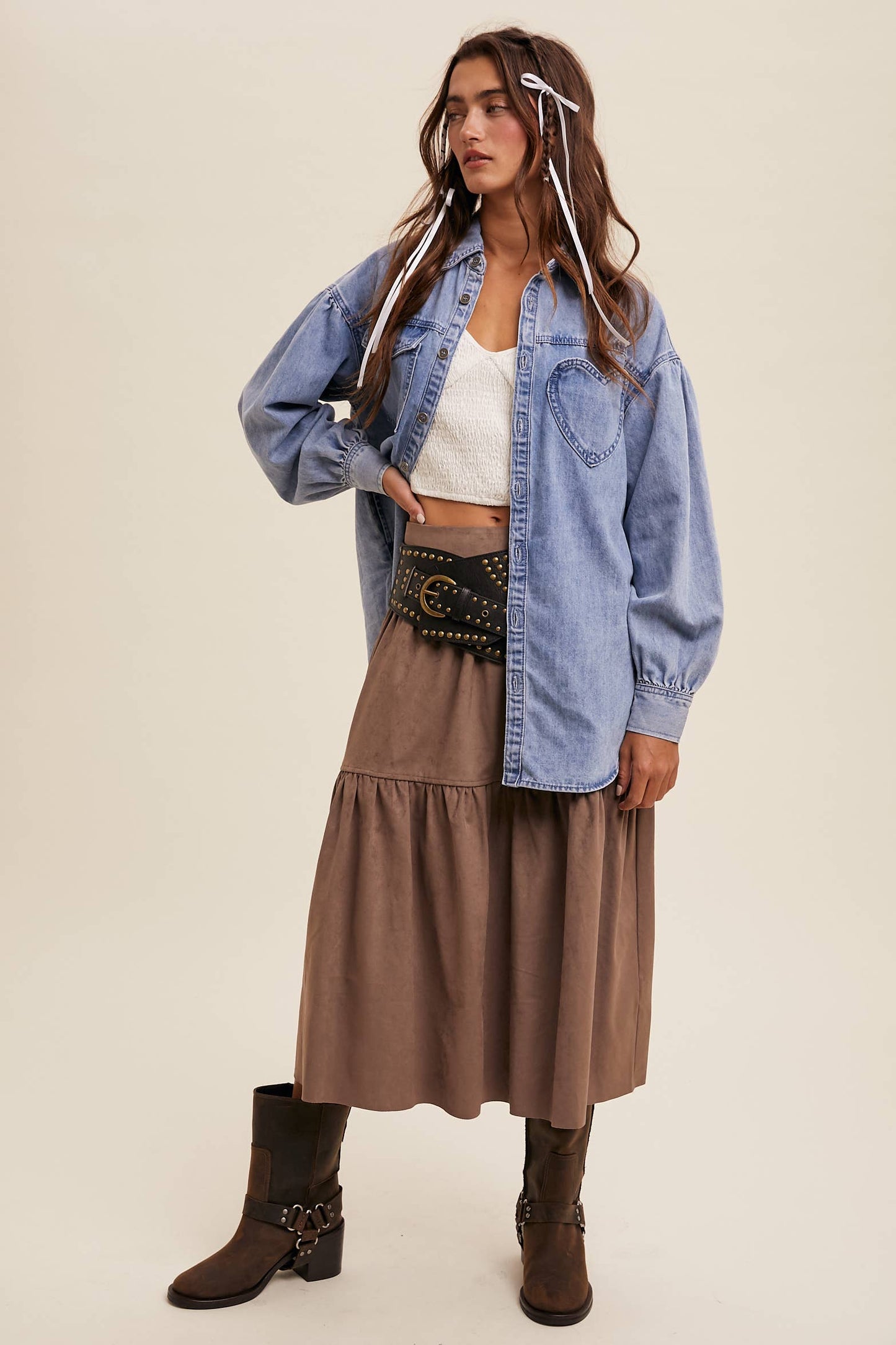 HEART DETAIL OVERSIZED DENIM SHIRT