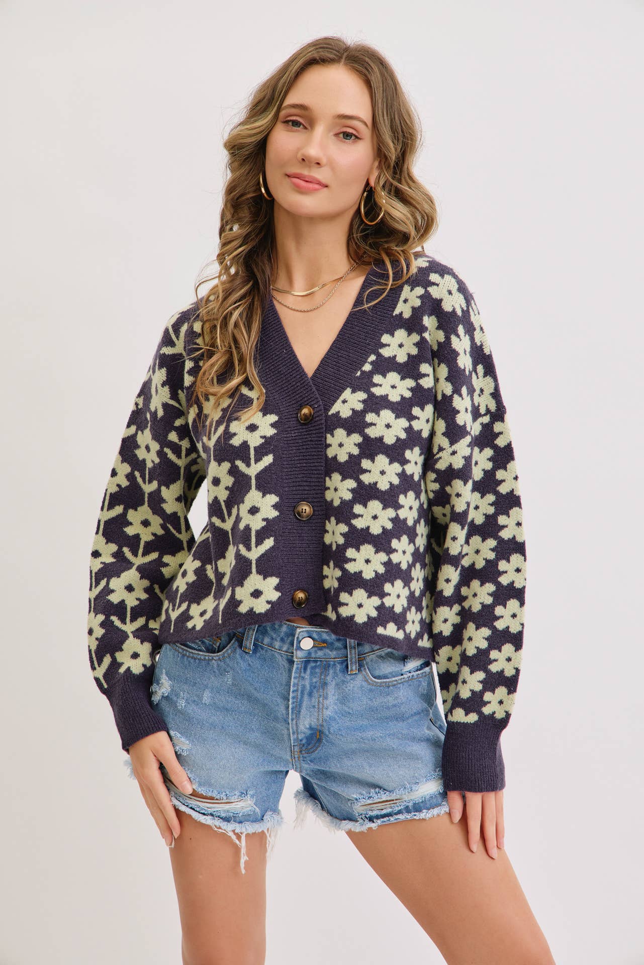 COZY PLAYFUL CASUAL FLORAL PRINT SWEATER KNIT CARDIGAN