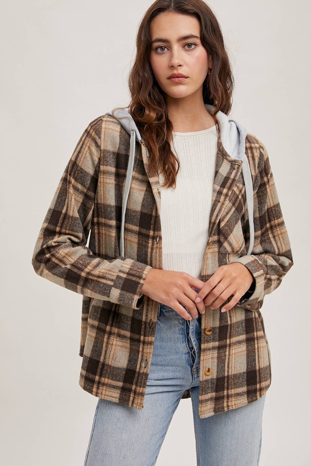 HOODED FLANNEL BUTTON FRONT SHIRT JACKET