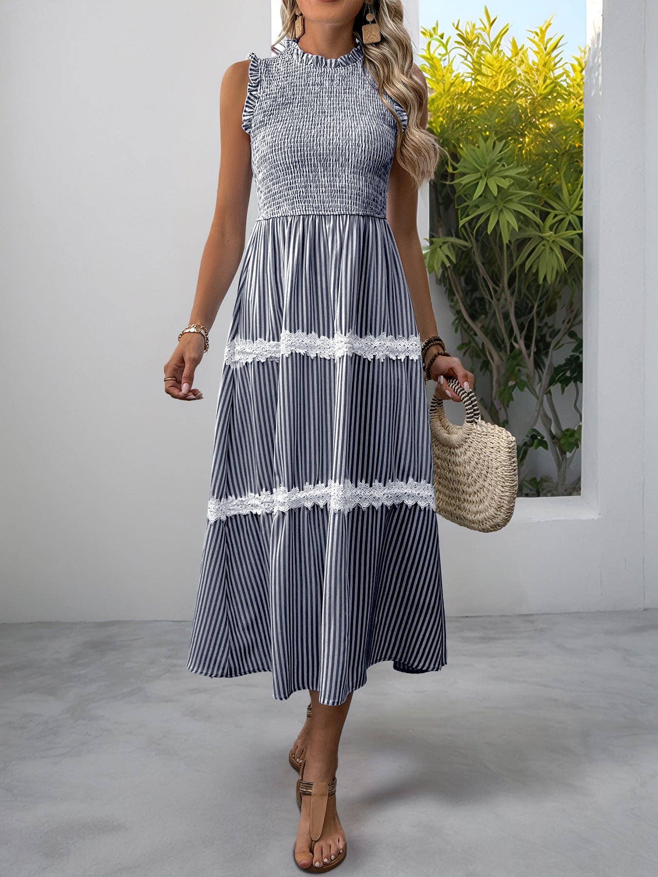 STRIPED LACE TRIM SLEEVELESS MIDI