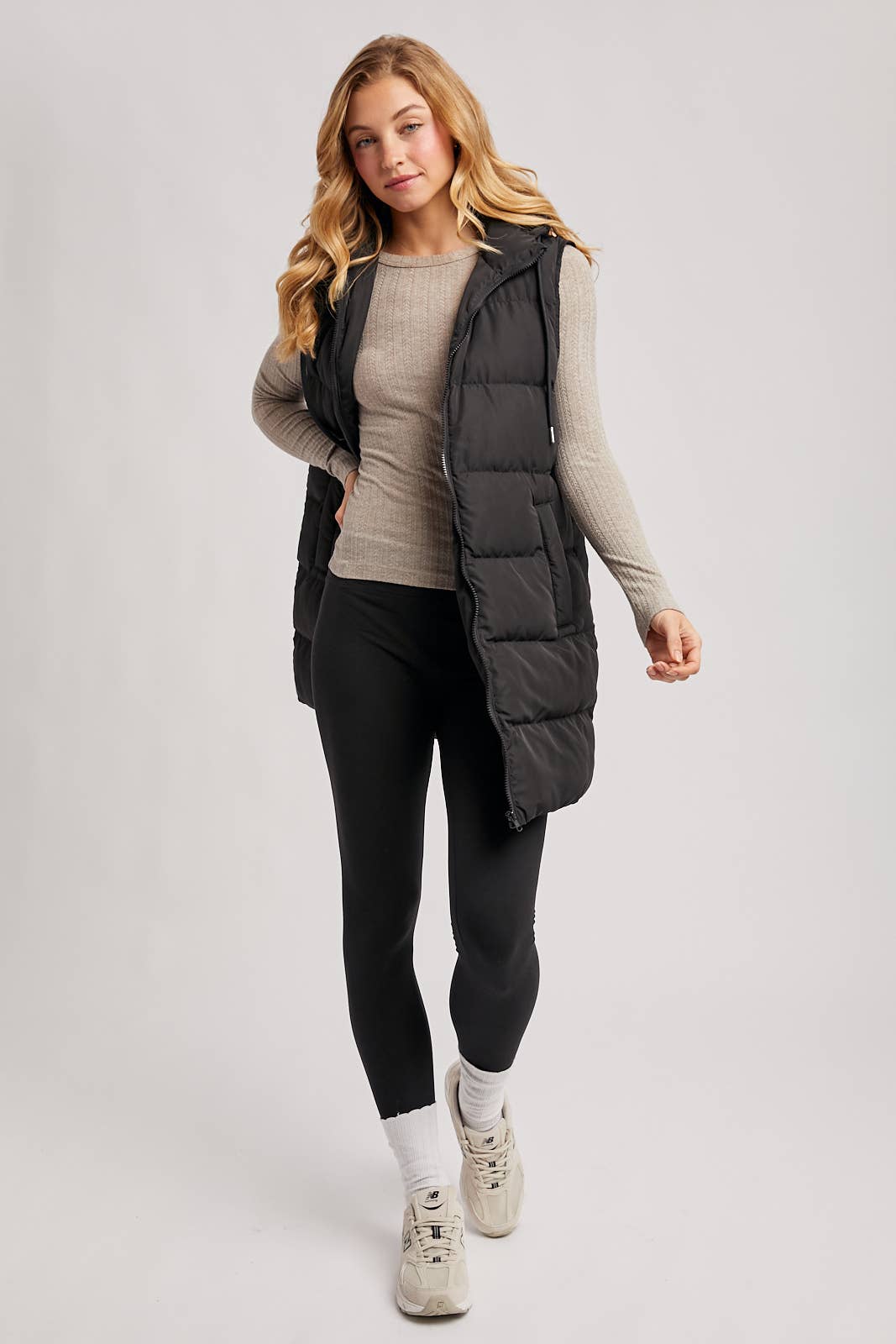 BLACK OR BEIGE HOODED ZIPPER DOWN LONGLINE PUFFER VEST