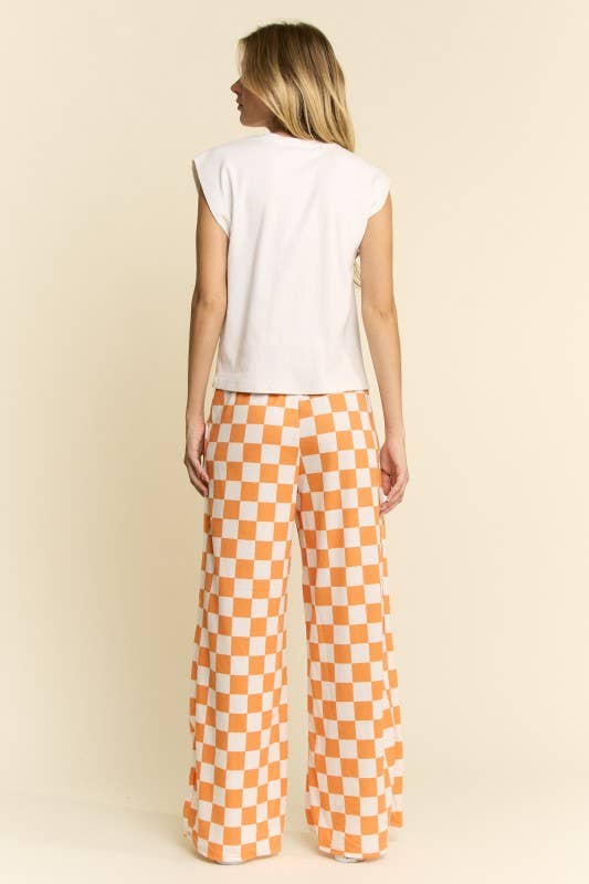 HIGH WAIST CHECKERED STRAIGHT LEG KNIT PANTS: ORANGE + WHITE