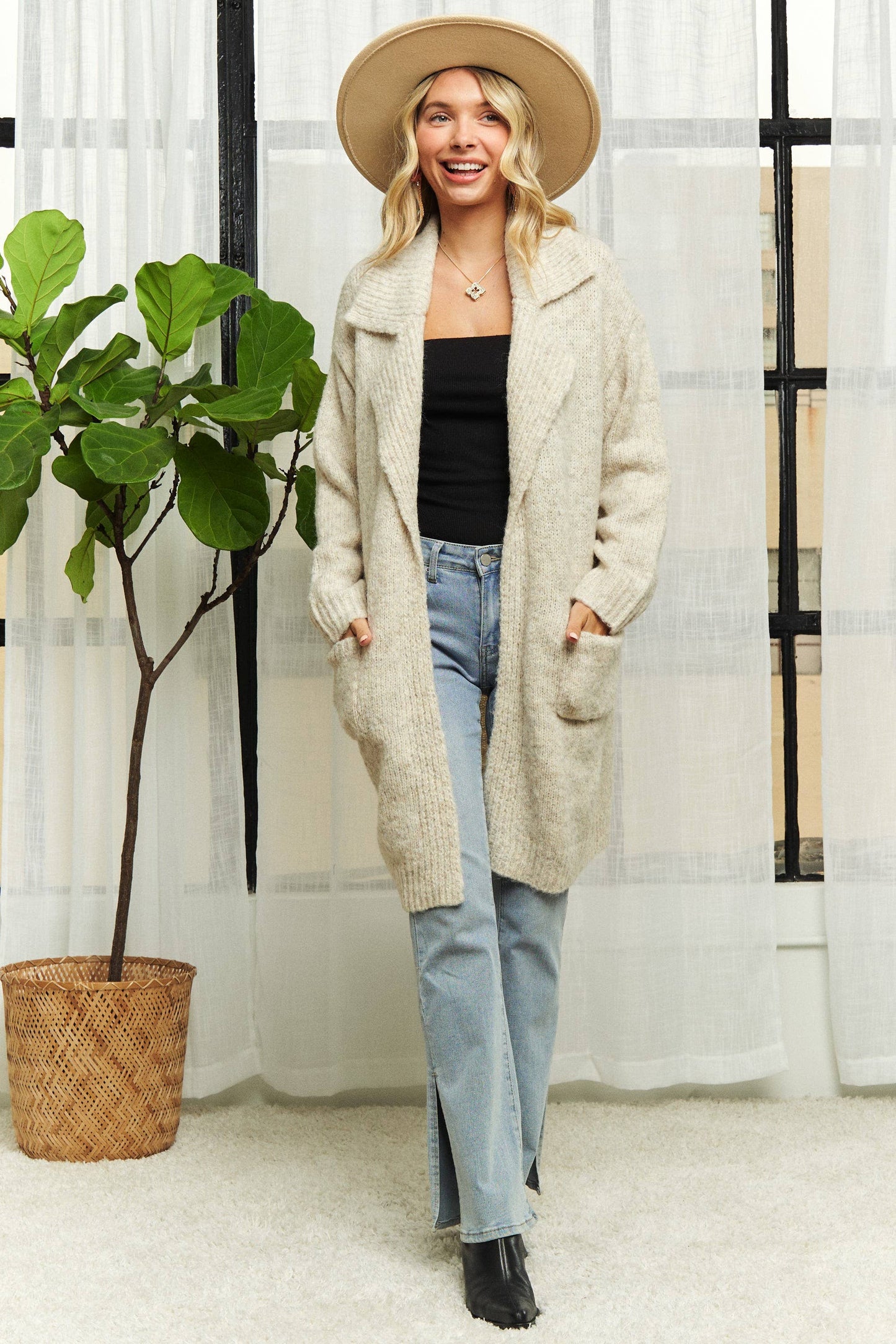 OATMEAL LONG SLEEVE SWEATER POCKET CARDIGAN