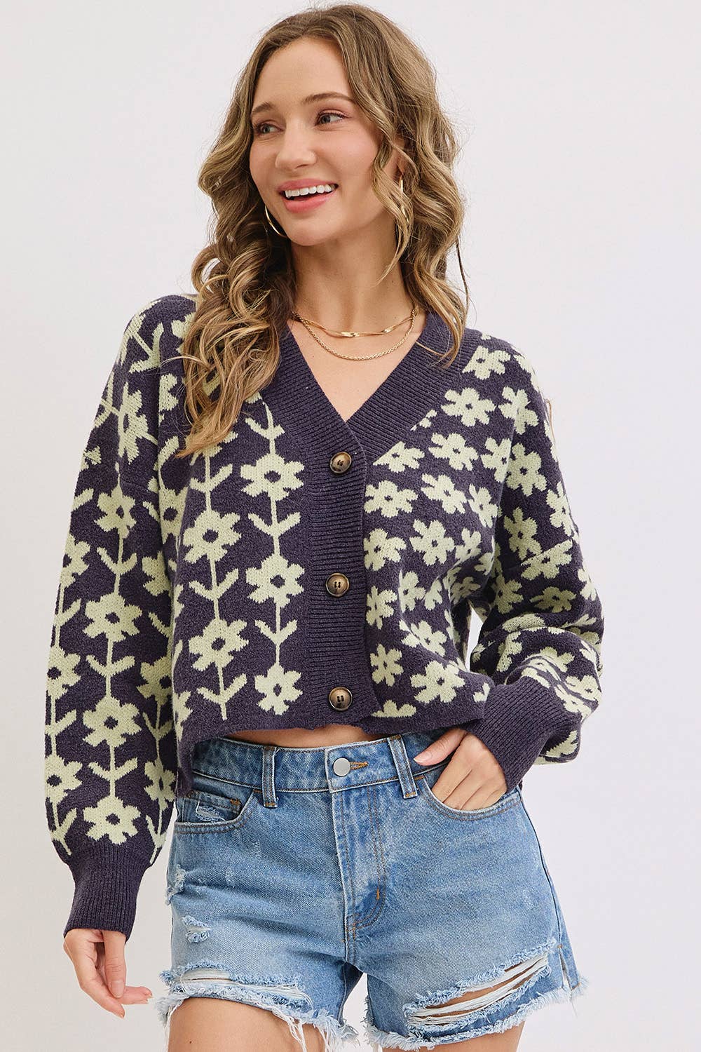 COZY PLAYFUL CASUAL FLORAL PRINT SWEATER KNIT CARDIGAN