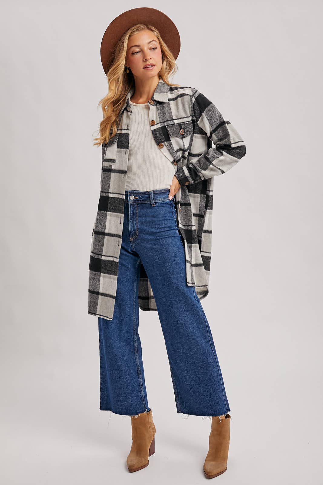 Bluivy - FLANNEL PLAID LONGLINE SHACKET: GREEN PLAID / L