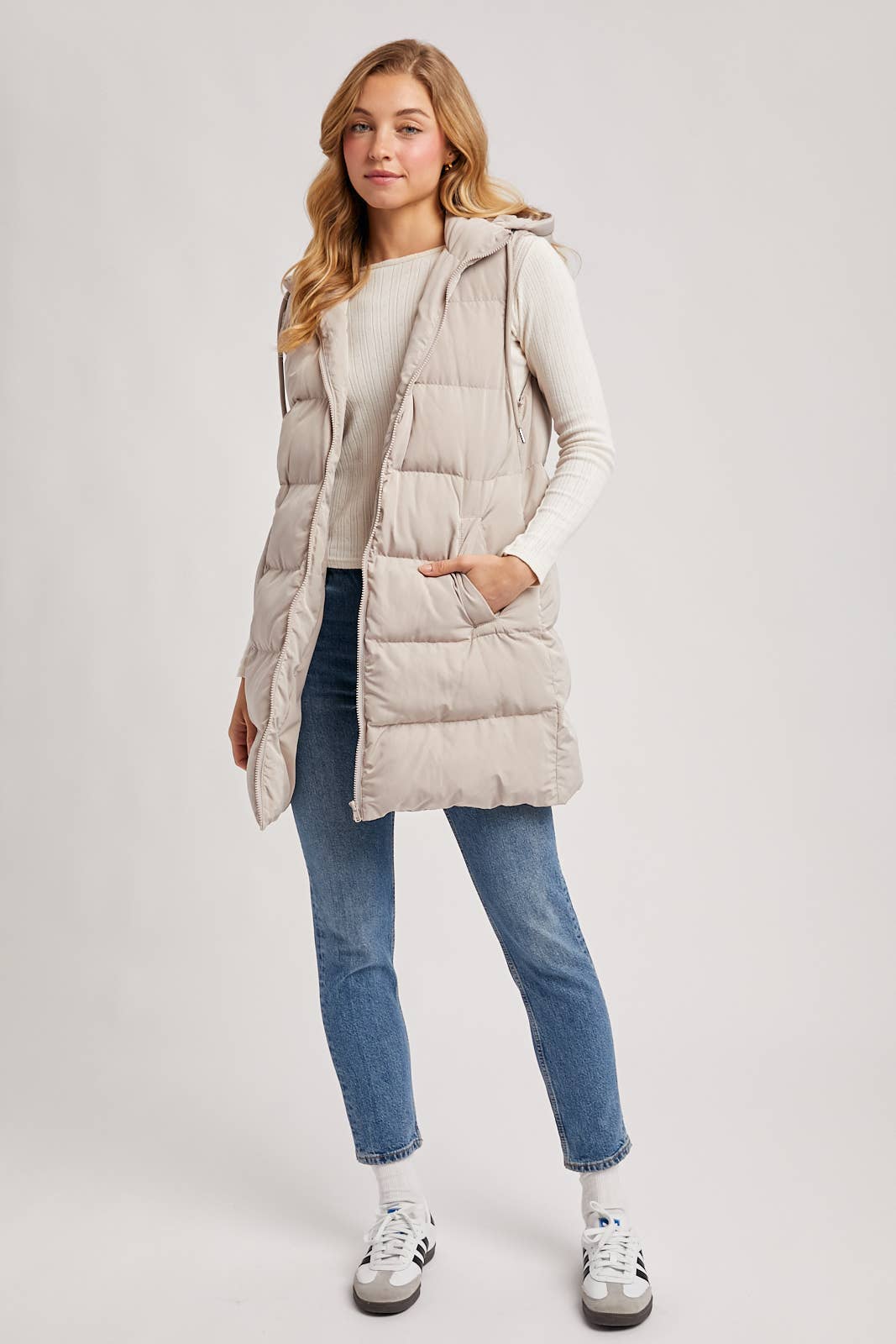 BLACK OR BEIGE HOODED ZIPPER DOWN LONGLINE PUFFER VEST