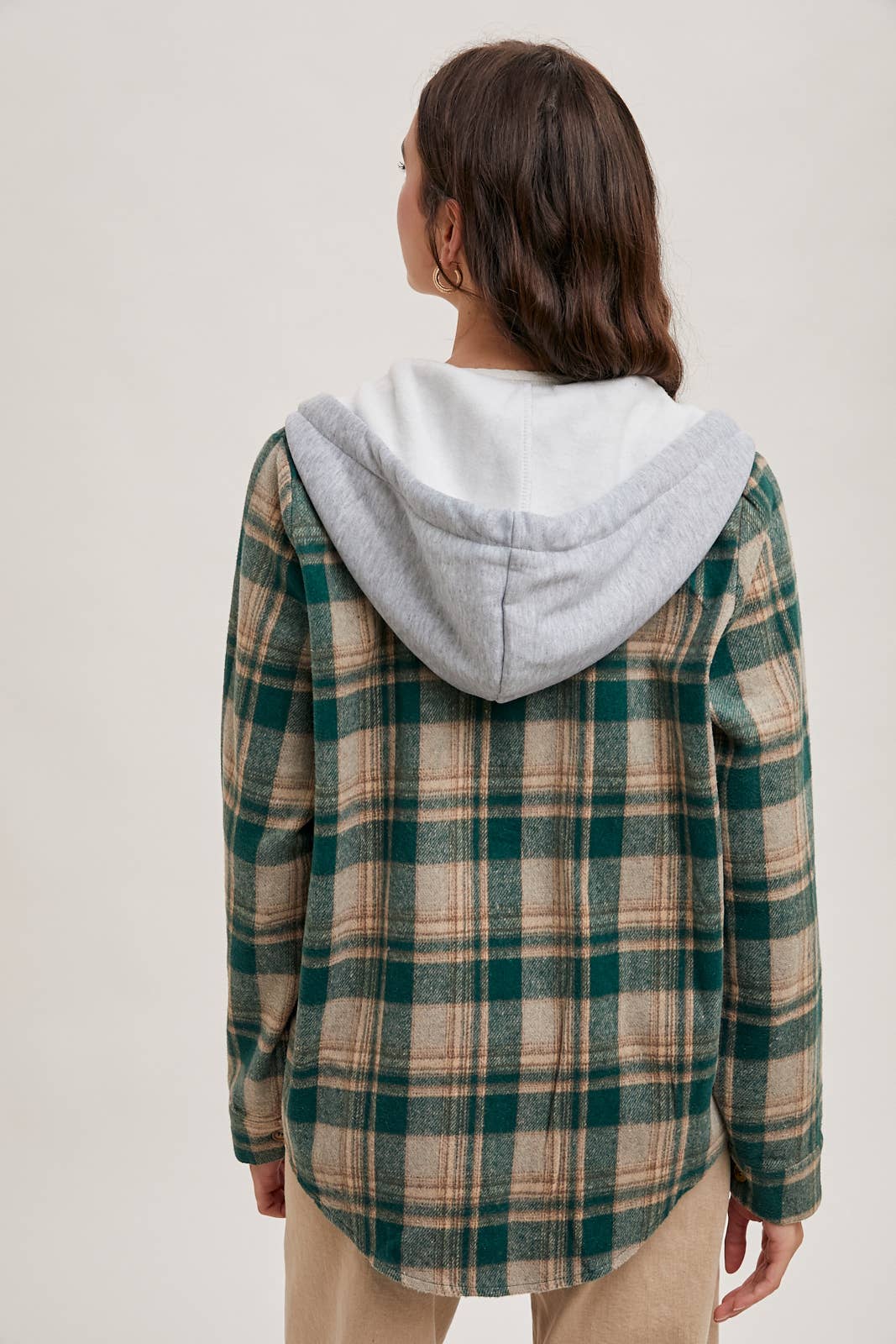 HOODED FLANNEL BUTTON FRONT SHIRT JACKET
