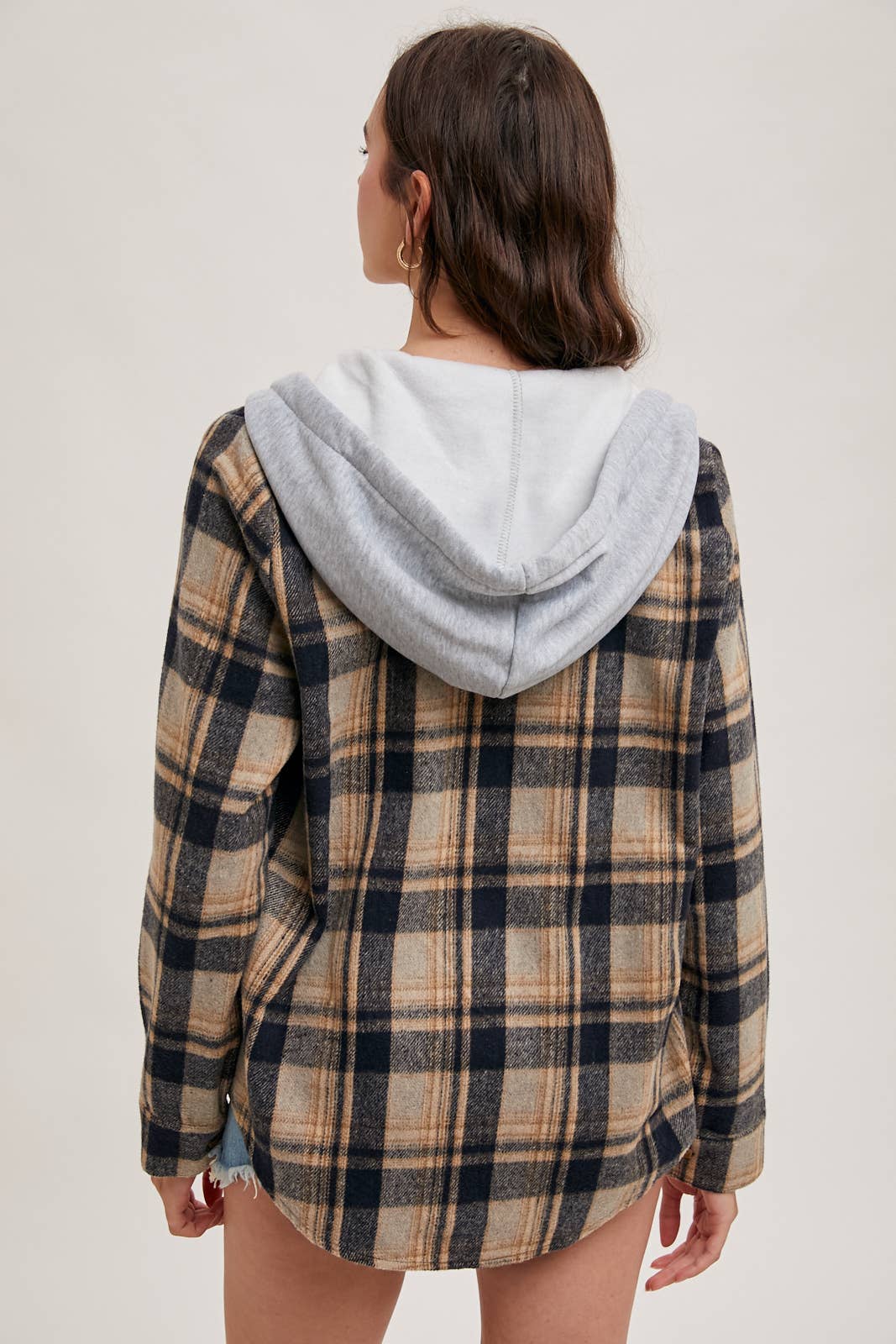 HOODED FLANNEL BUTTON FRONT SHIRT JACKET