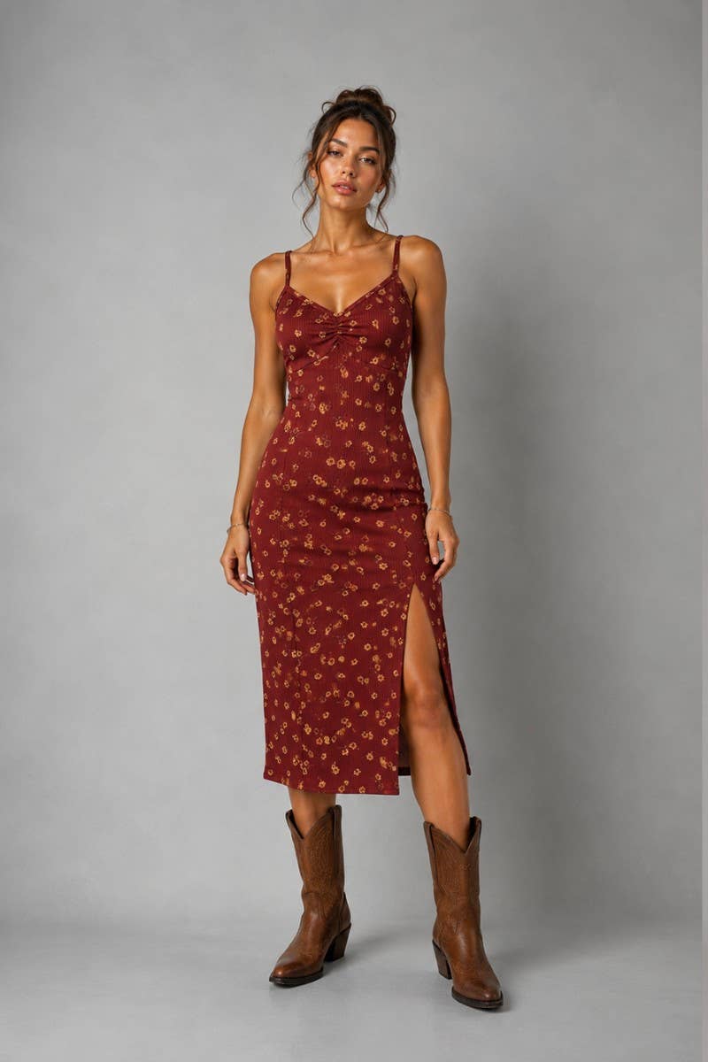 FLORAL MIDI DRESS: RUST