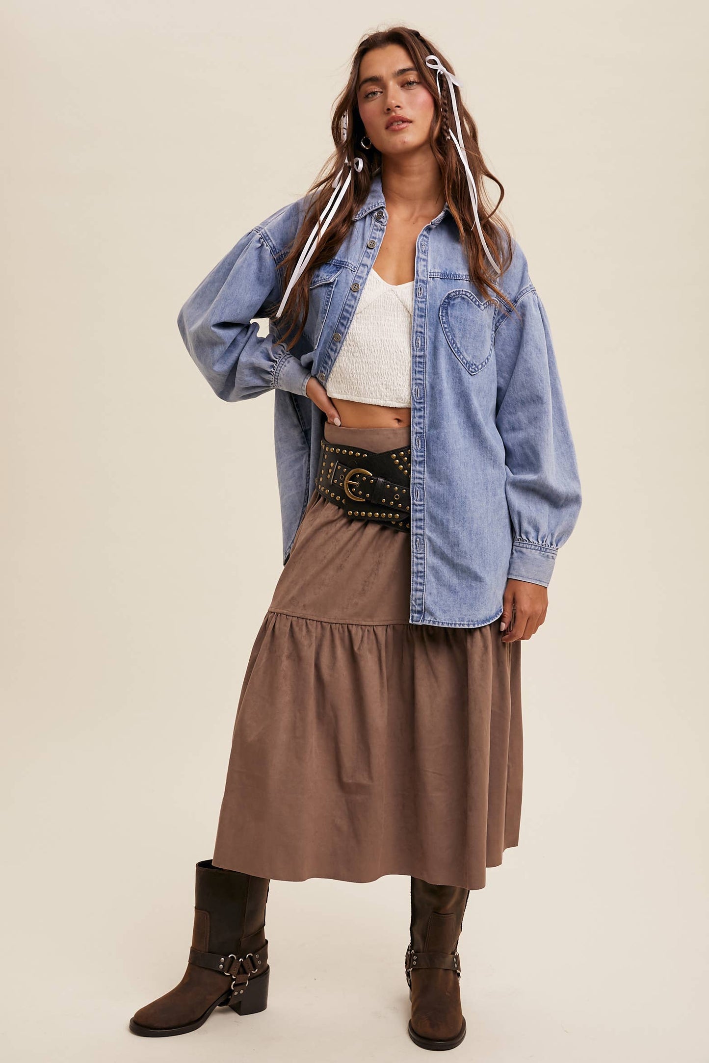 HEART DETAIL OVERSIZED DENIM SHIRT