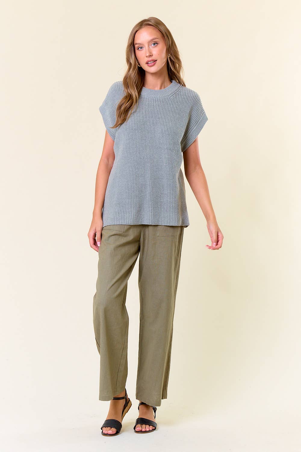 Round Neck Drop Shoulder Ribbed Sweater Vest -H.GREY