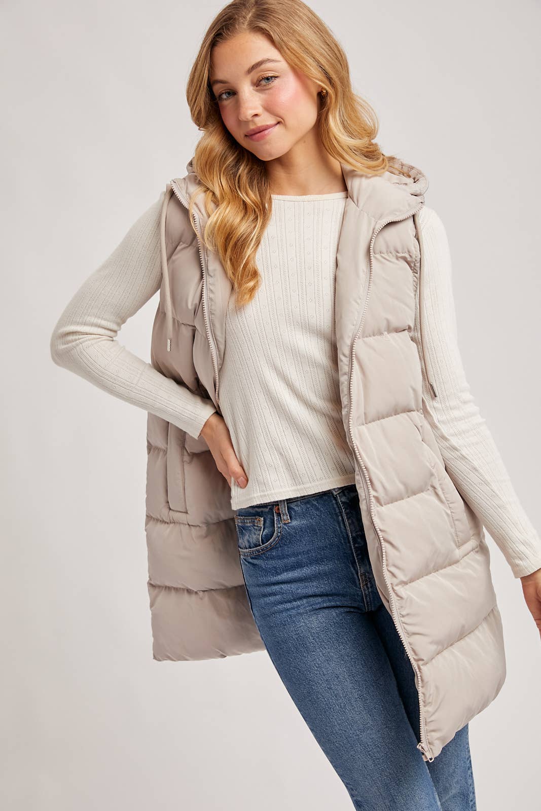 BLACK OR BEIGE HOODED ZIPPER DOWN LONGLINE PUFFER VEST