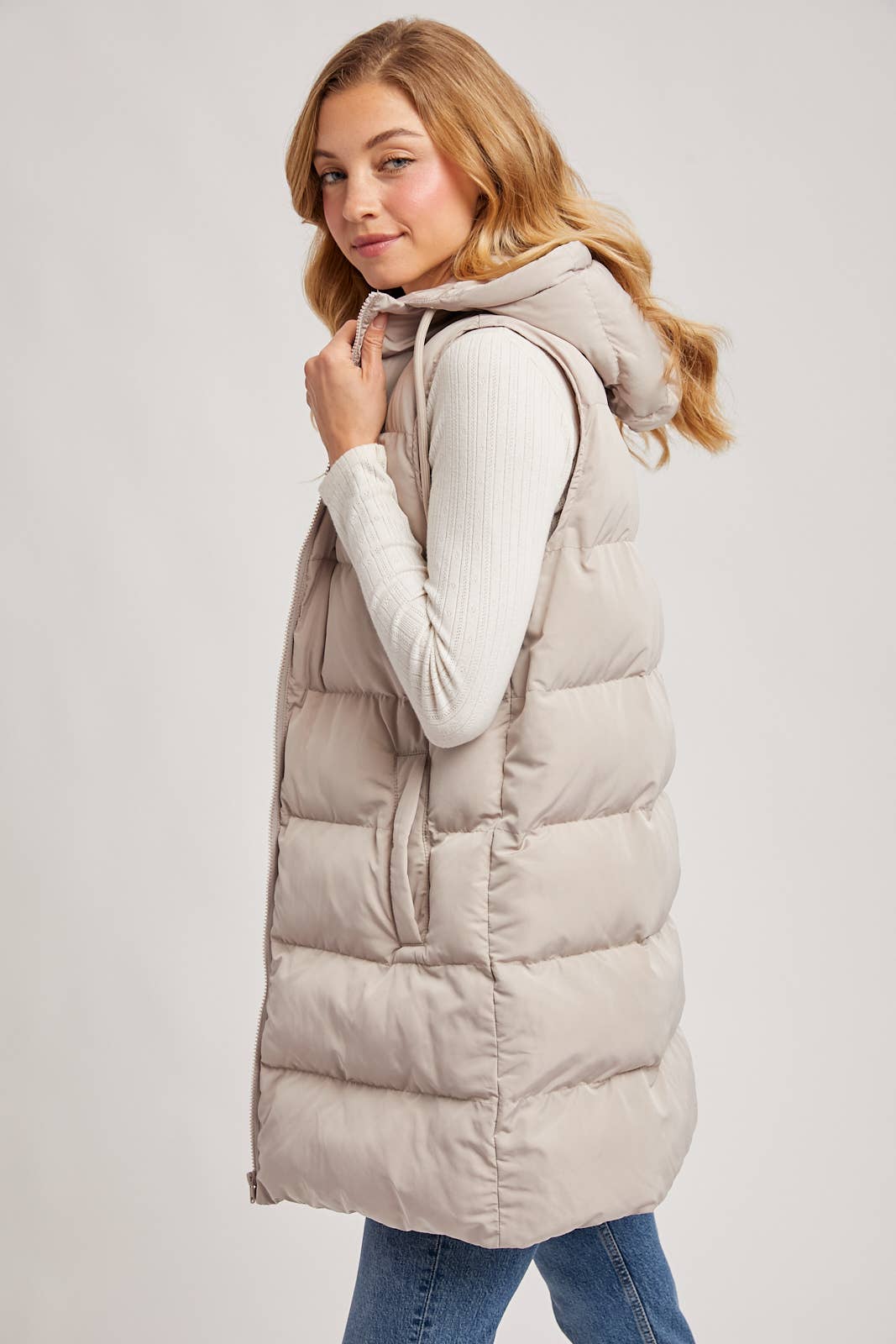 BLACK OR BEIGE HOODED ZIPPER DOWN LONGLINE PUFFER VEST
