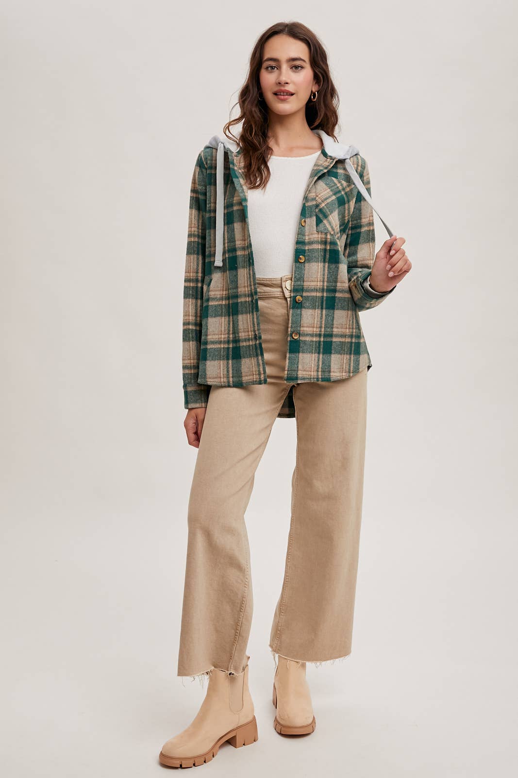 HOODED FLANNEL BUTTON FRONT SHIRT JACKET