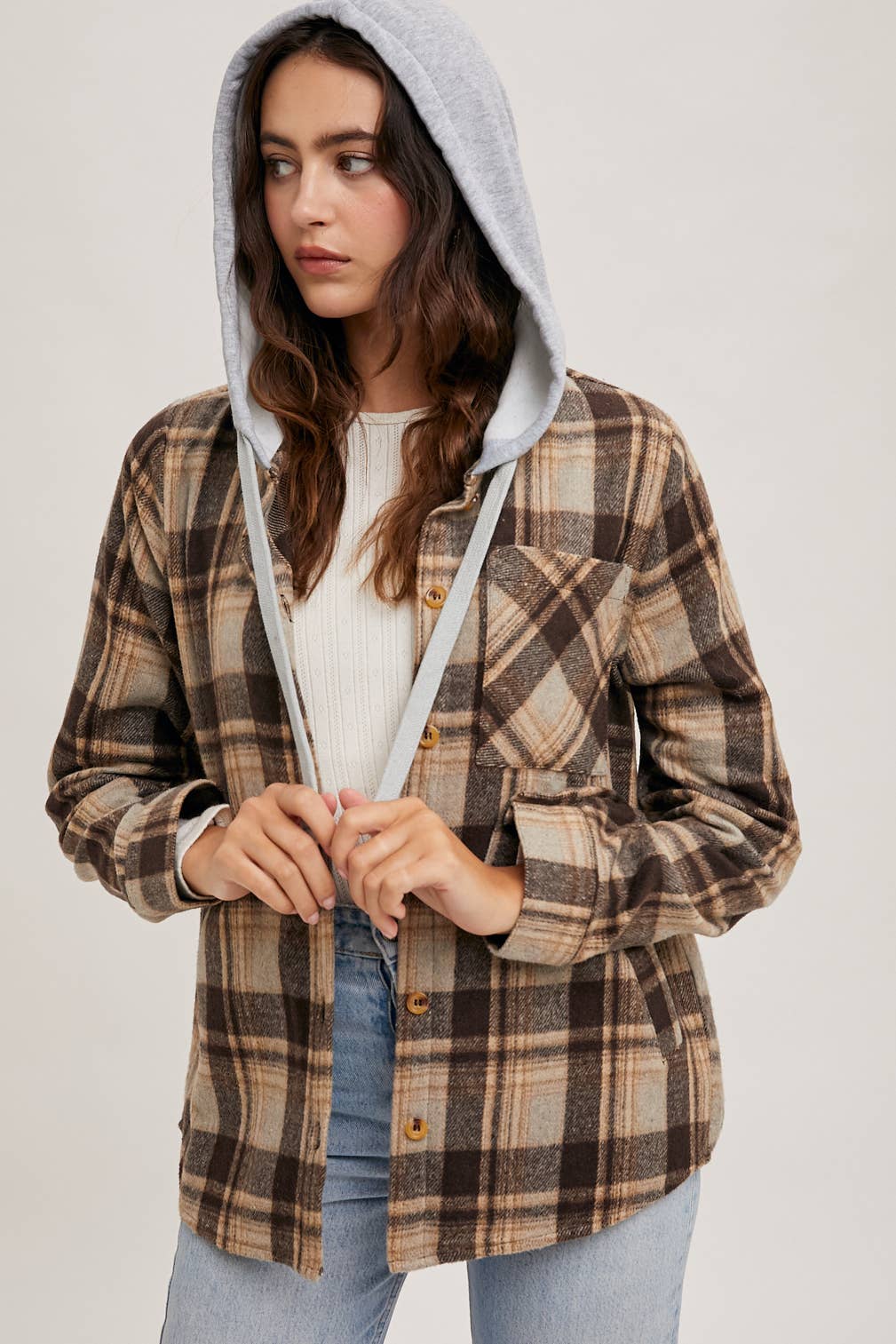 HOODED FLANNEL BUTTON FRONT SHIRT JACKET