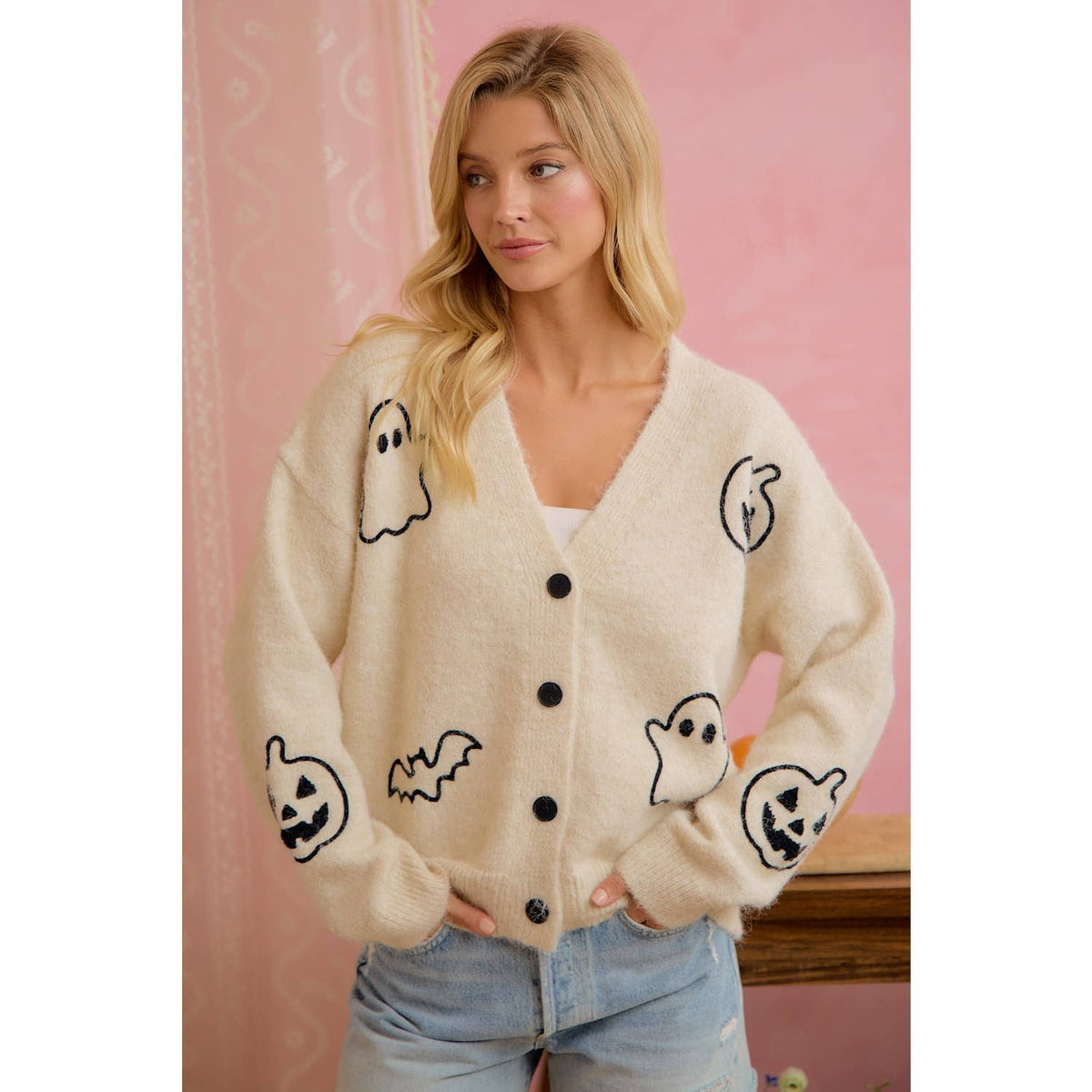 HALLOWEEN GHOST PUMPKIN BUTTON CARDIGAN