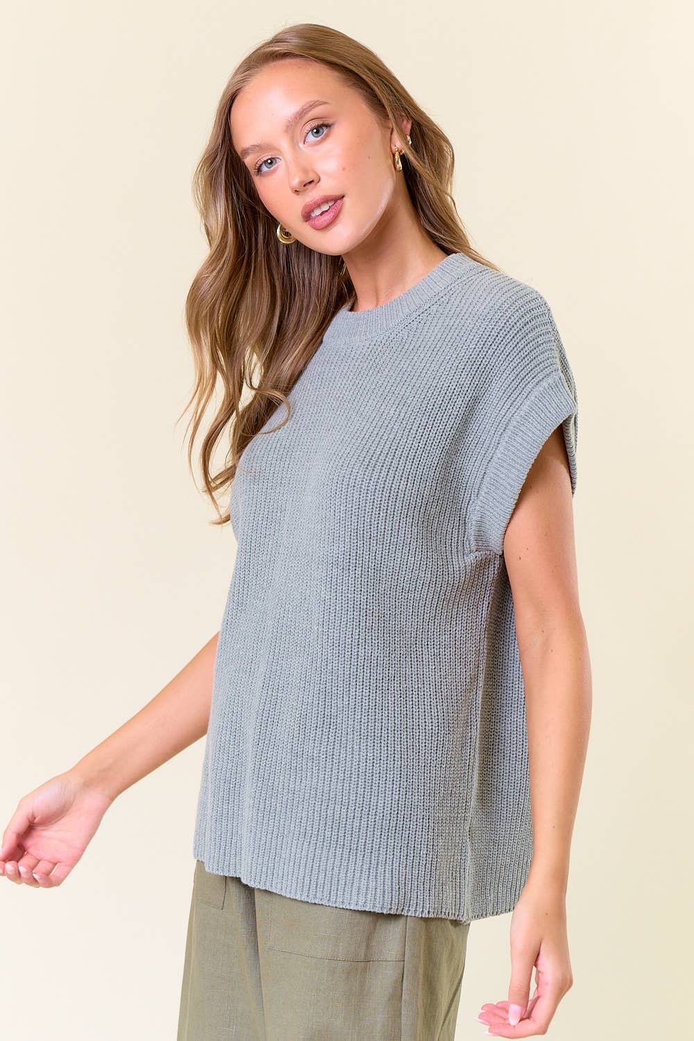 Round Neck Drop Shoulder Ribbed Sweater Vest -H.GREY