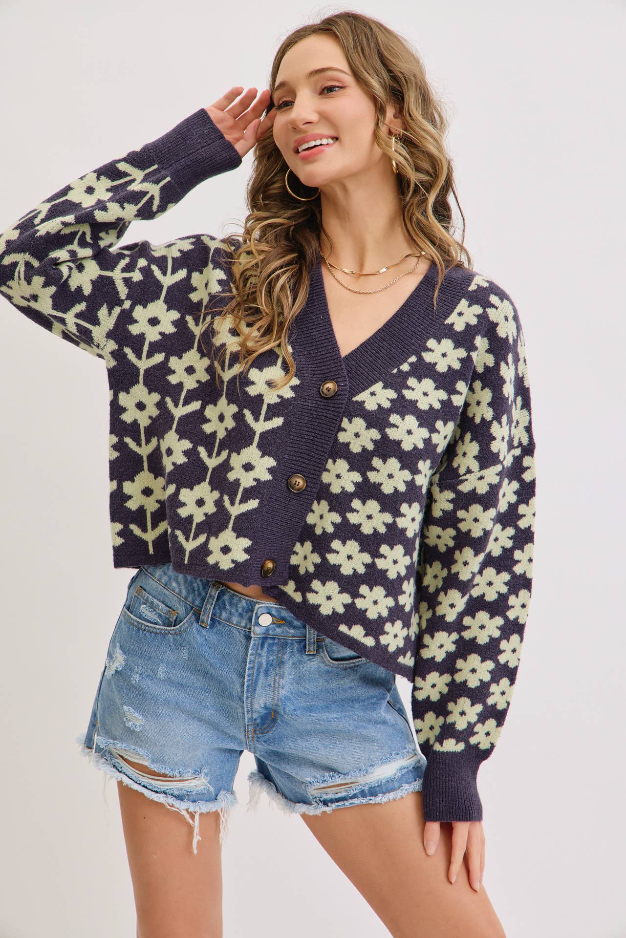 COZY PLAYFUL CASUAL FLORAL PRINT SWEATER KNIT CARDIGAN