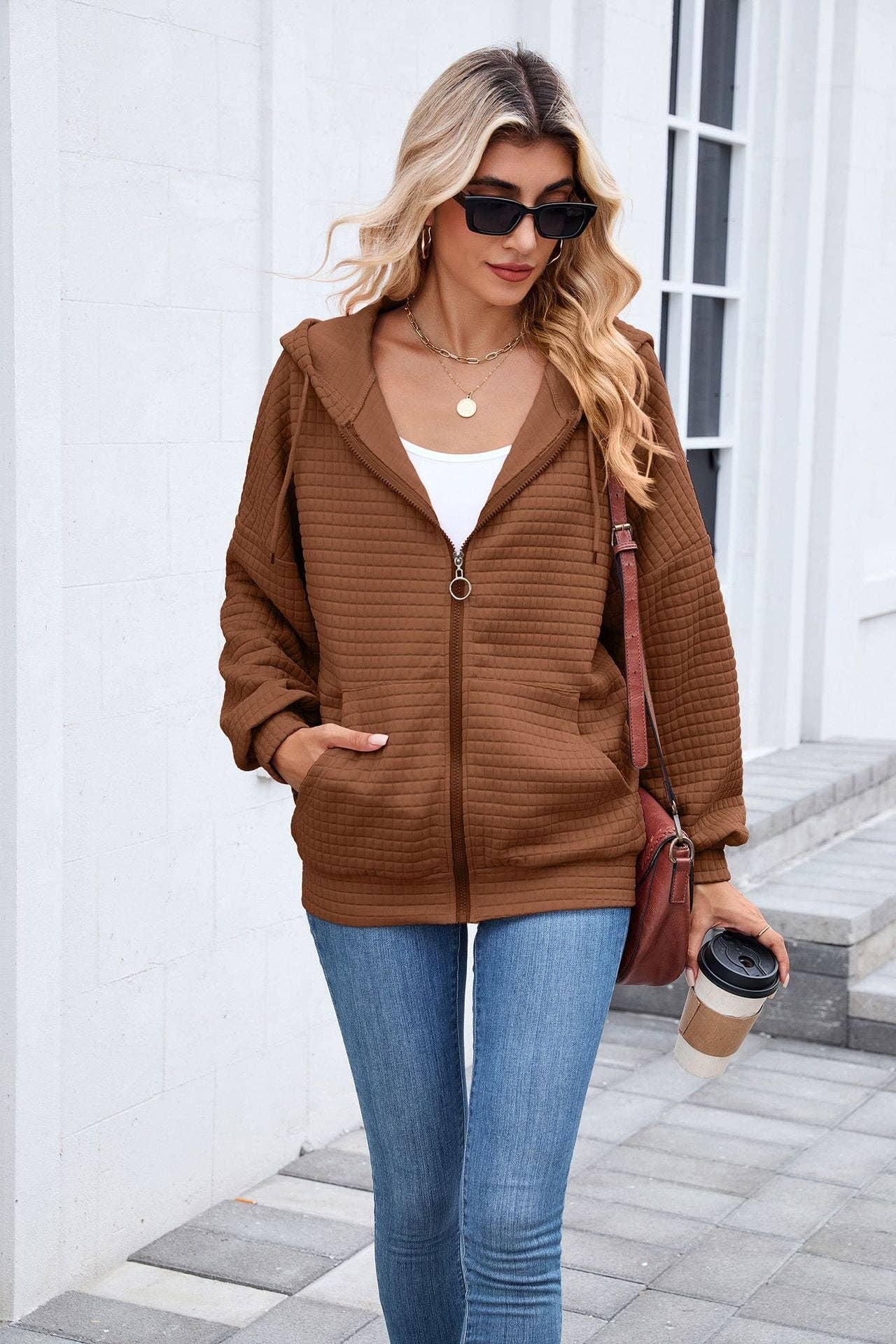 QUILTED ZIP UP HOODIE JACKET