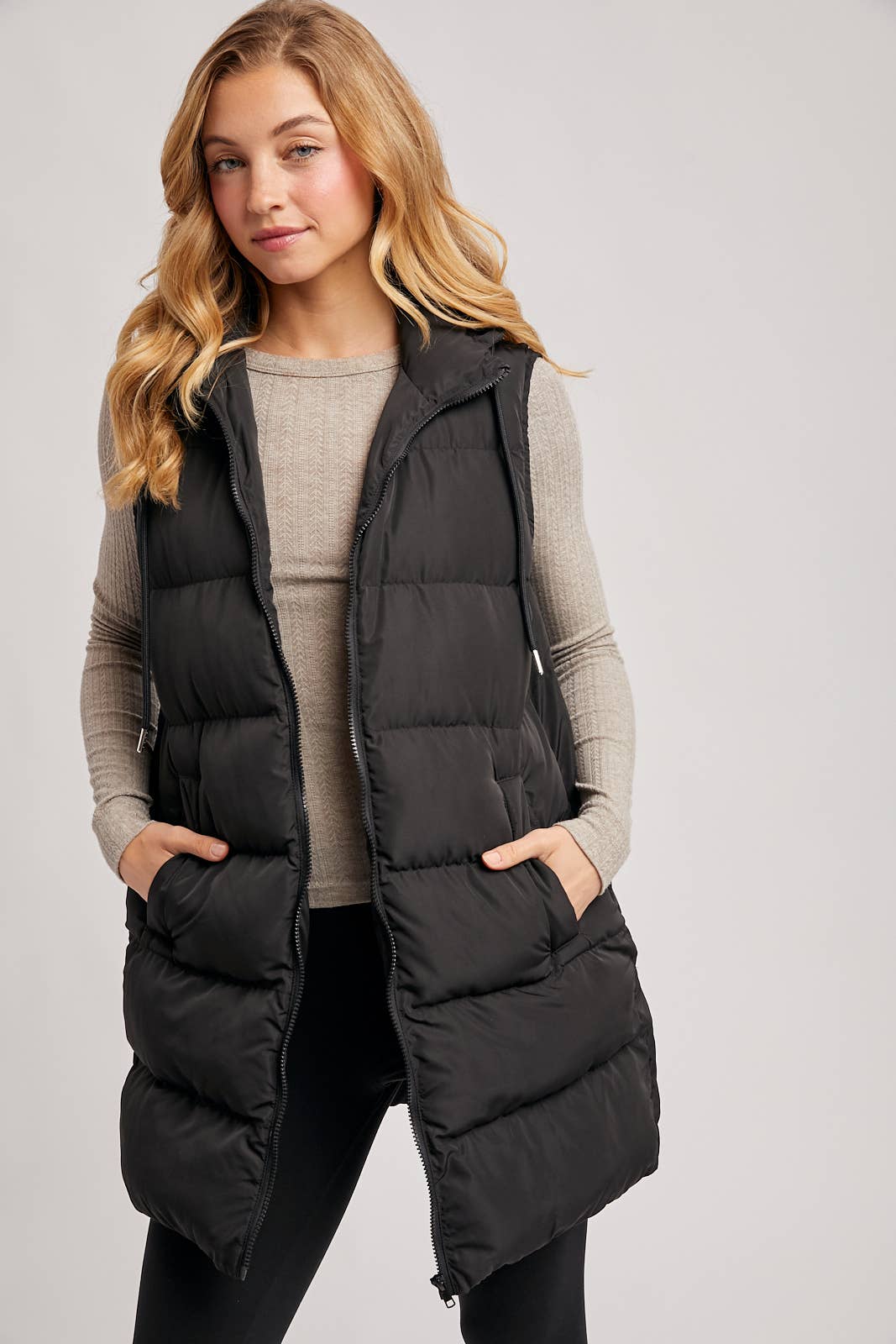 BLACK OR BEIGE HOODED ZIPPER DOWN LONGLINE PUFFER VEST