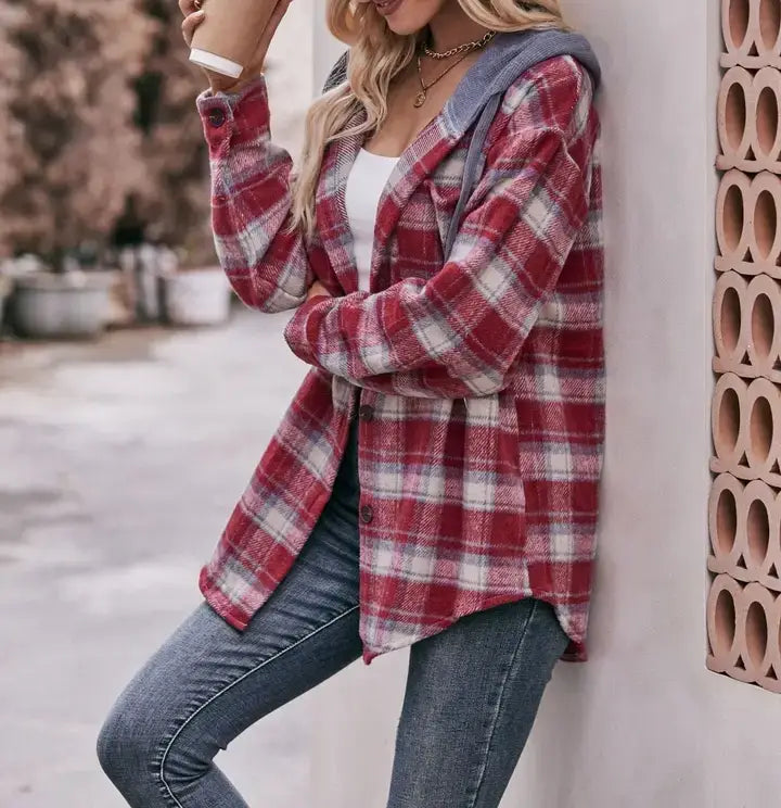RED FLANNEL CHECKED HOODED JACKET