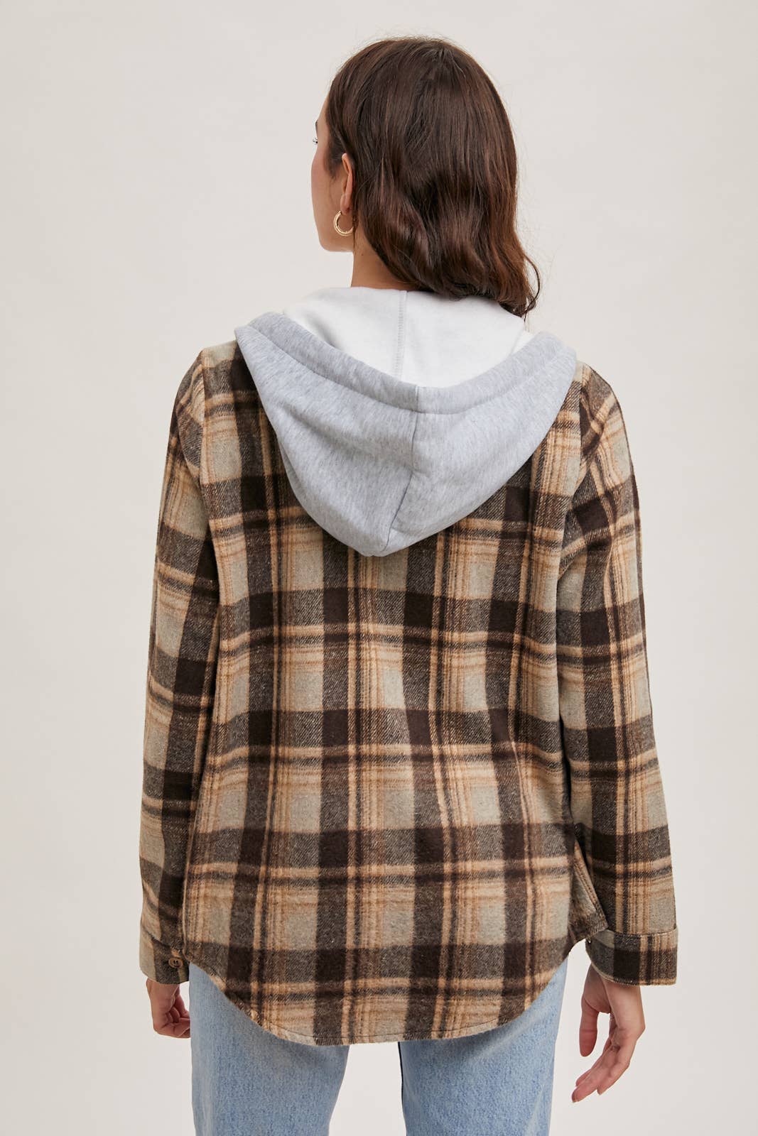 HOODED FLANNEL BUTTON FRONT SHIRT JACKET