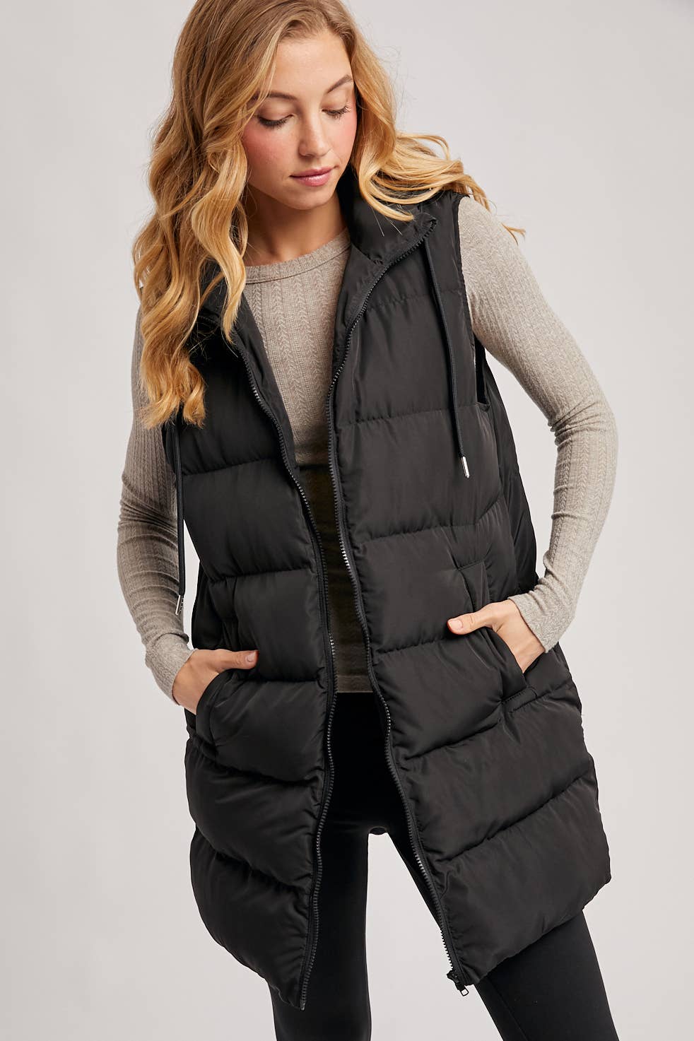 BLACK OR BEIGE HOODED ZIPPER DOWN LONGLINE PUFFER VEST