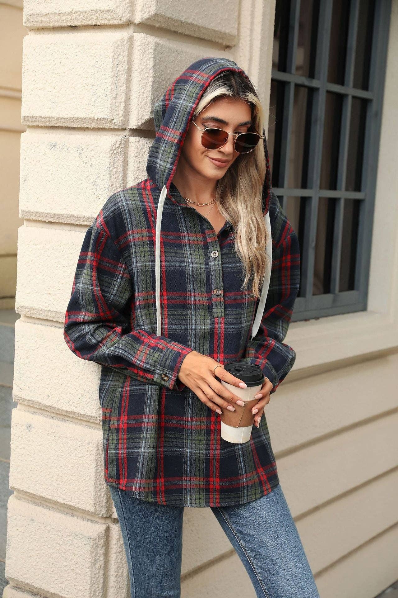 TARTAN LONG SLEEVE HOODED BUTTON TOP