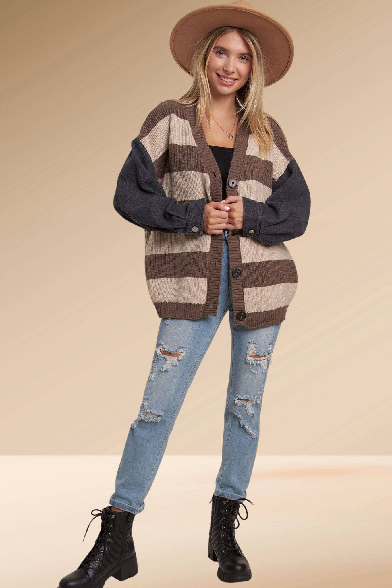 DENIM SLEEVE STRIPE SWEATER CARDIGAN