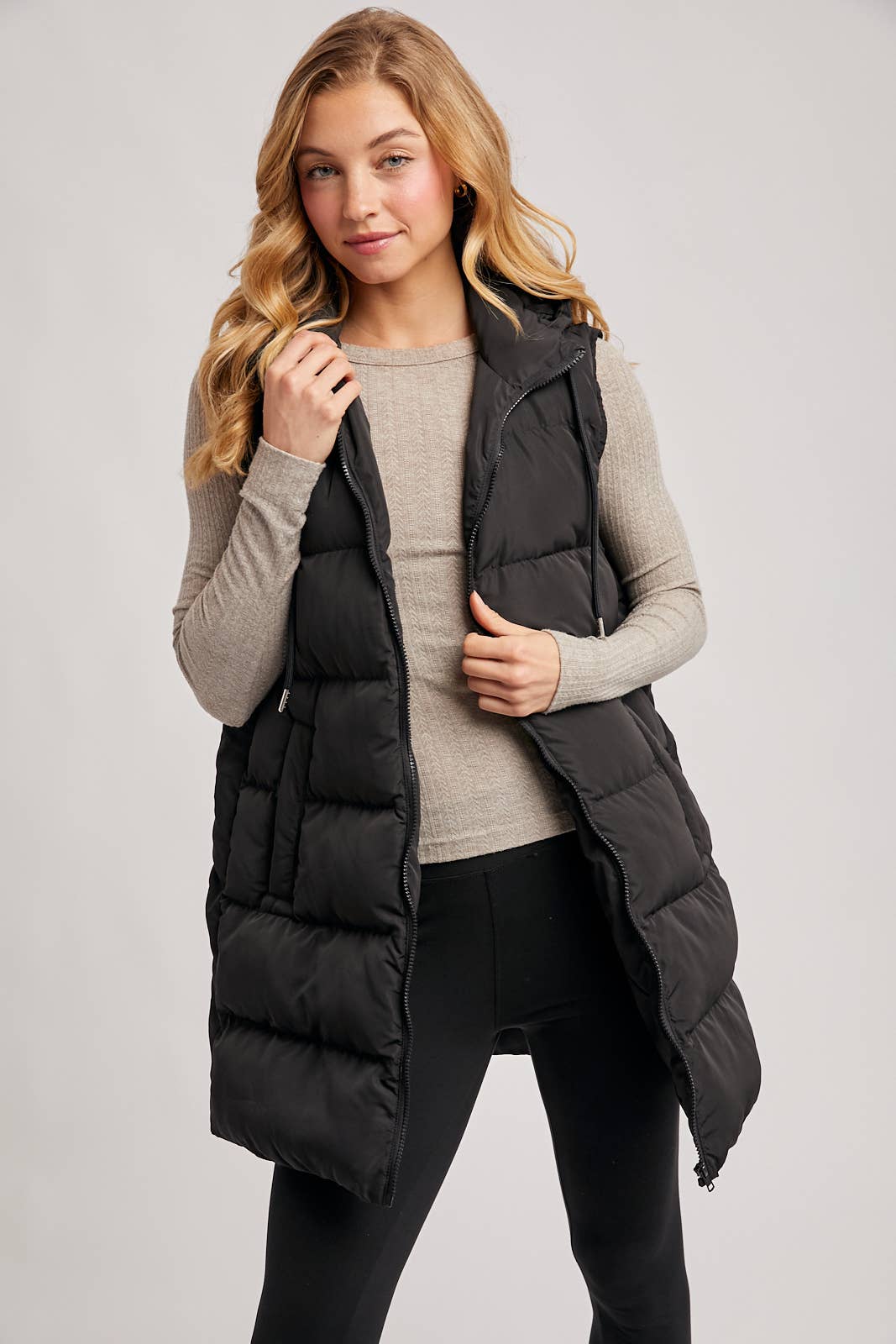 BLACK OR BEIGE HOODED ZIPPER DOWN LONGLINE PUFFER VEST