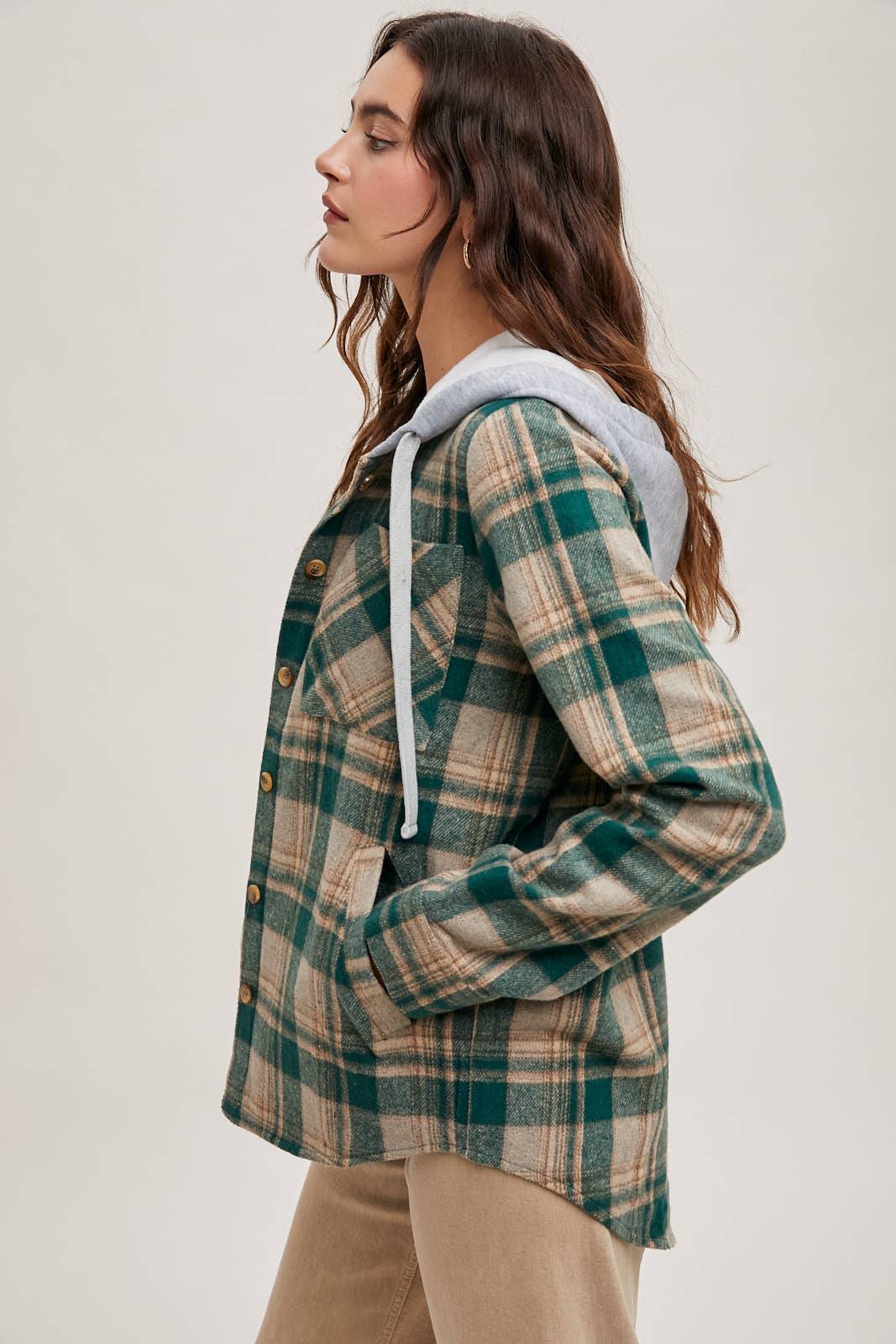 HOODED FLANNEL BUTTON FRONT SHIRT JACKET