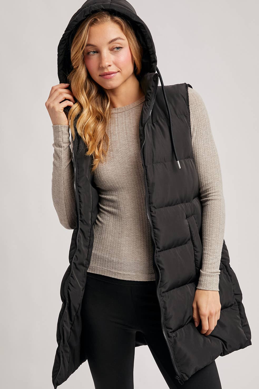 BLACK OR BEIGE HOODED ZIPPER DOWN LONGLINE PUFFER VEST