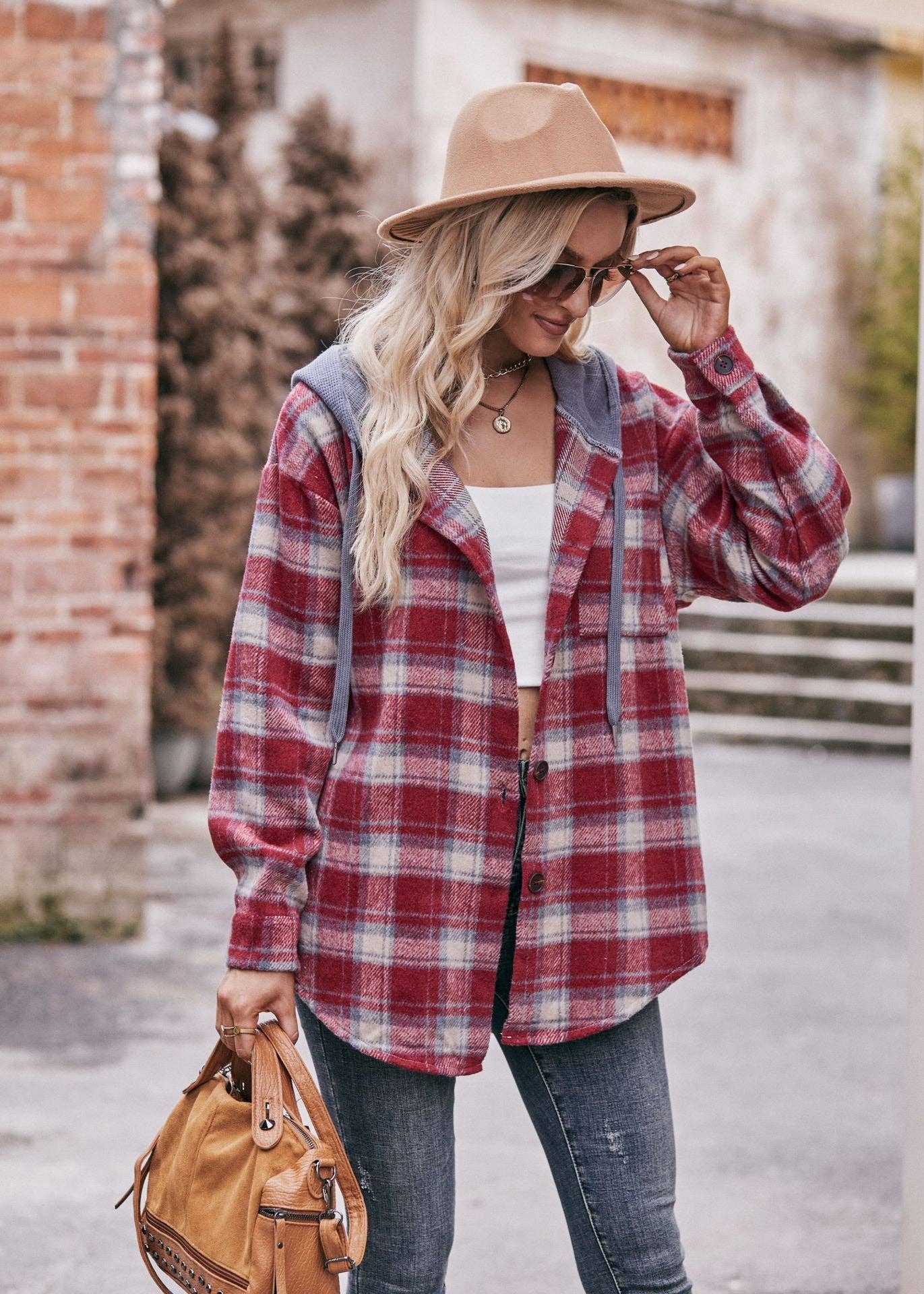 RED FLANNEL CHECKED HOODED JACKET